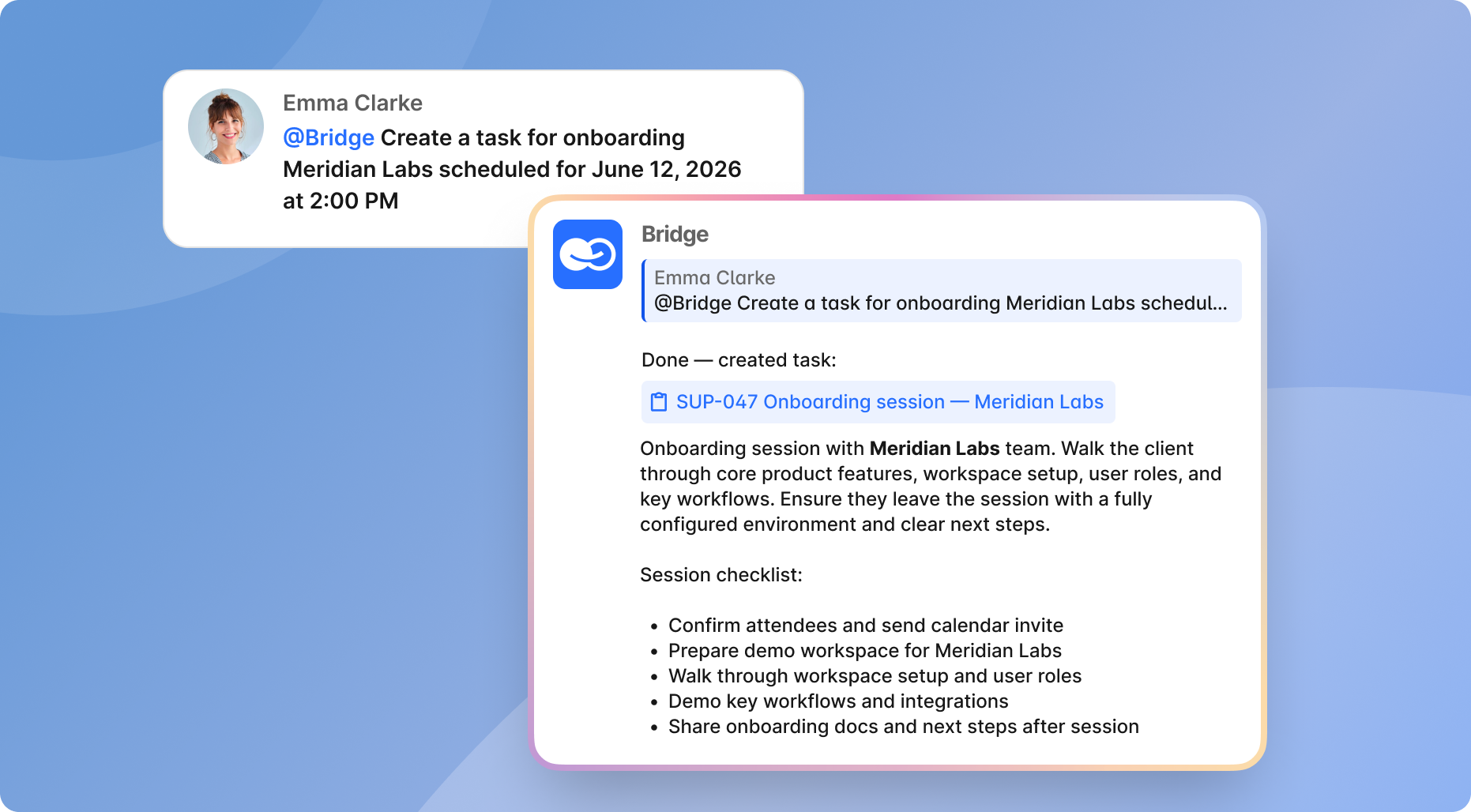Bridge app showing a task created for onboarding Meridian Labs, including session checklist.