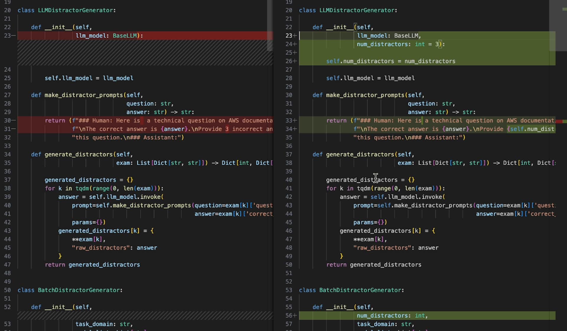 A code editor displaying a side-by-side diff, highlighting code deletions in red and additions in green.
