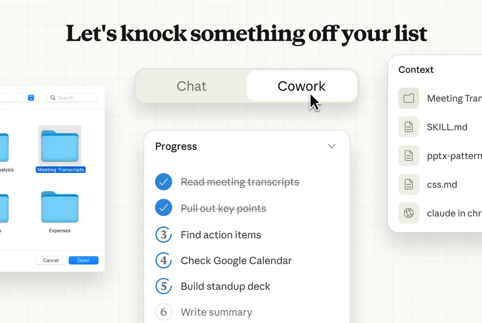 Digital workspace showing a selected 'Cowork' tab and a detailed list of progress tasks.