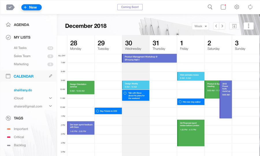 An agenda-style calendar from a project management tool showing tasks in December 2018.
