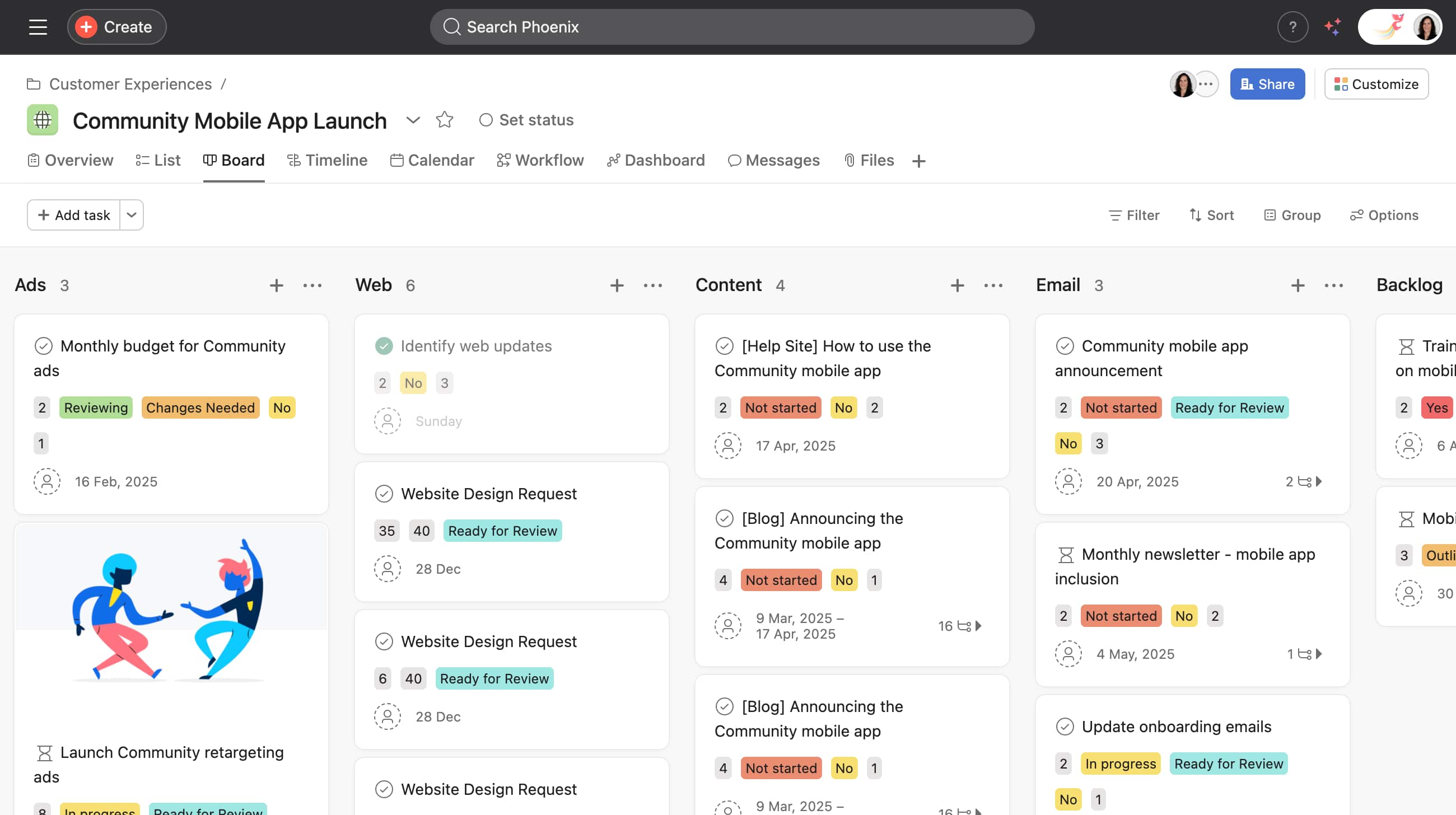 Tableau de gestion de projet affichant des tâches organisées par 'Annonces', 'Web', 'Contenu' et 'Email'.