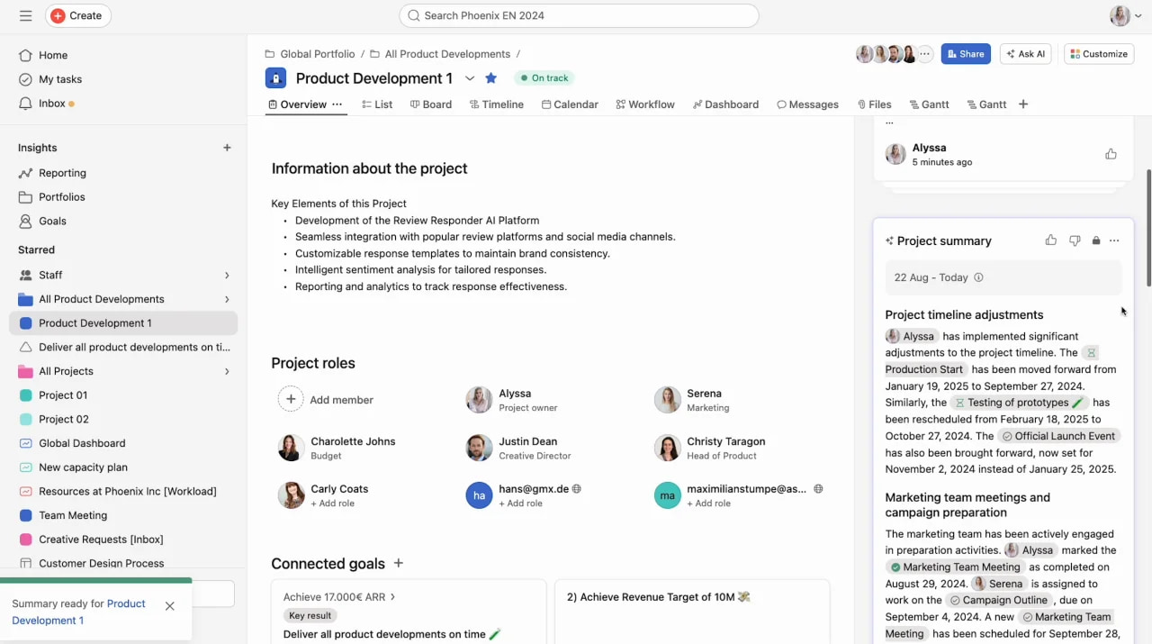 Project management interface detailing project information, connected goals, and a summary with team icons.