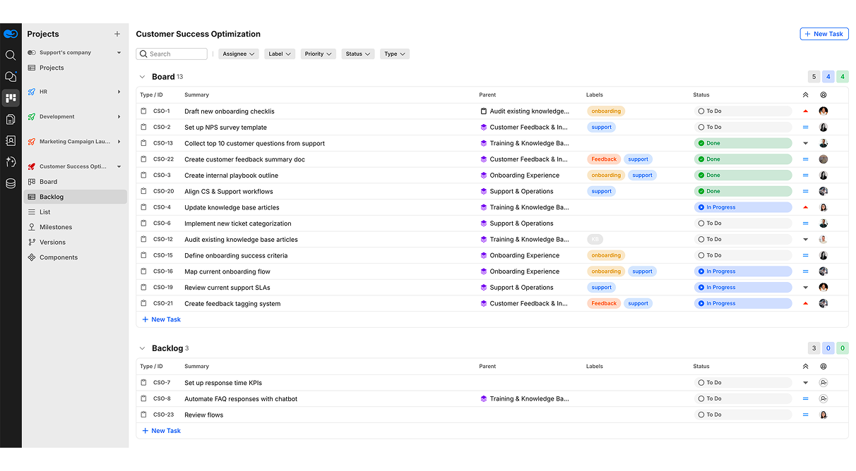 A project management tool shows a board and list view for customer success tasks, including onboarding.