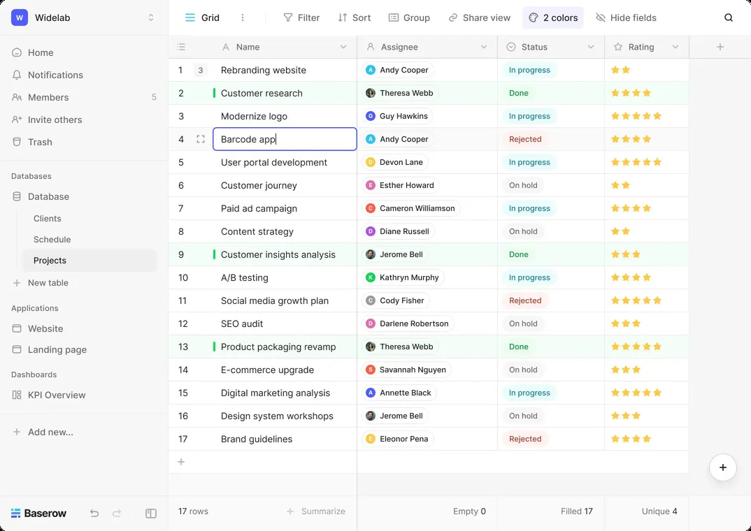 Interfaz de Baserow que muestra tareas de proyecto, estados y valoraciones para diferentes miembros del equipo.