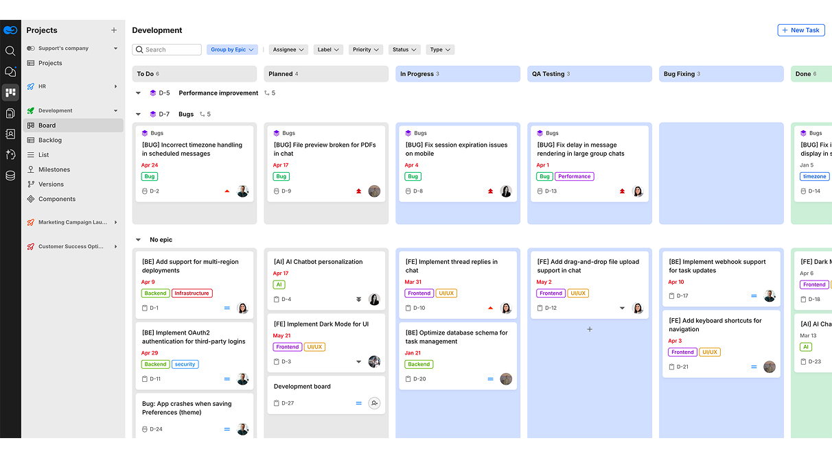A development Kanban board categorizes tasks by status: 'Open', 'Planned', 'In Progress', 'Getting Feedback', and 'Done'.