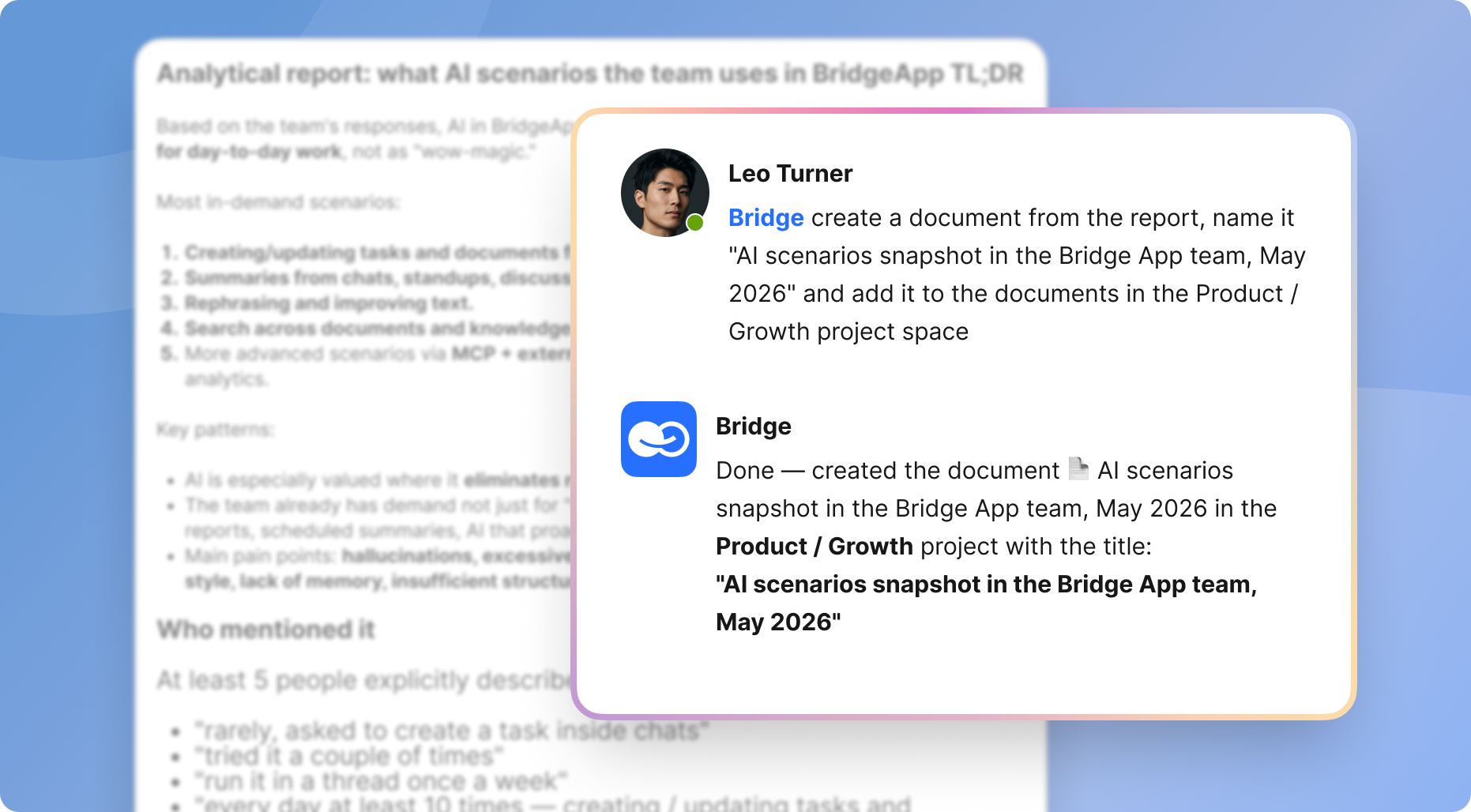 AI assistant chat interface showing a document created from an analytical report.