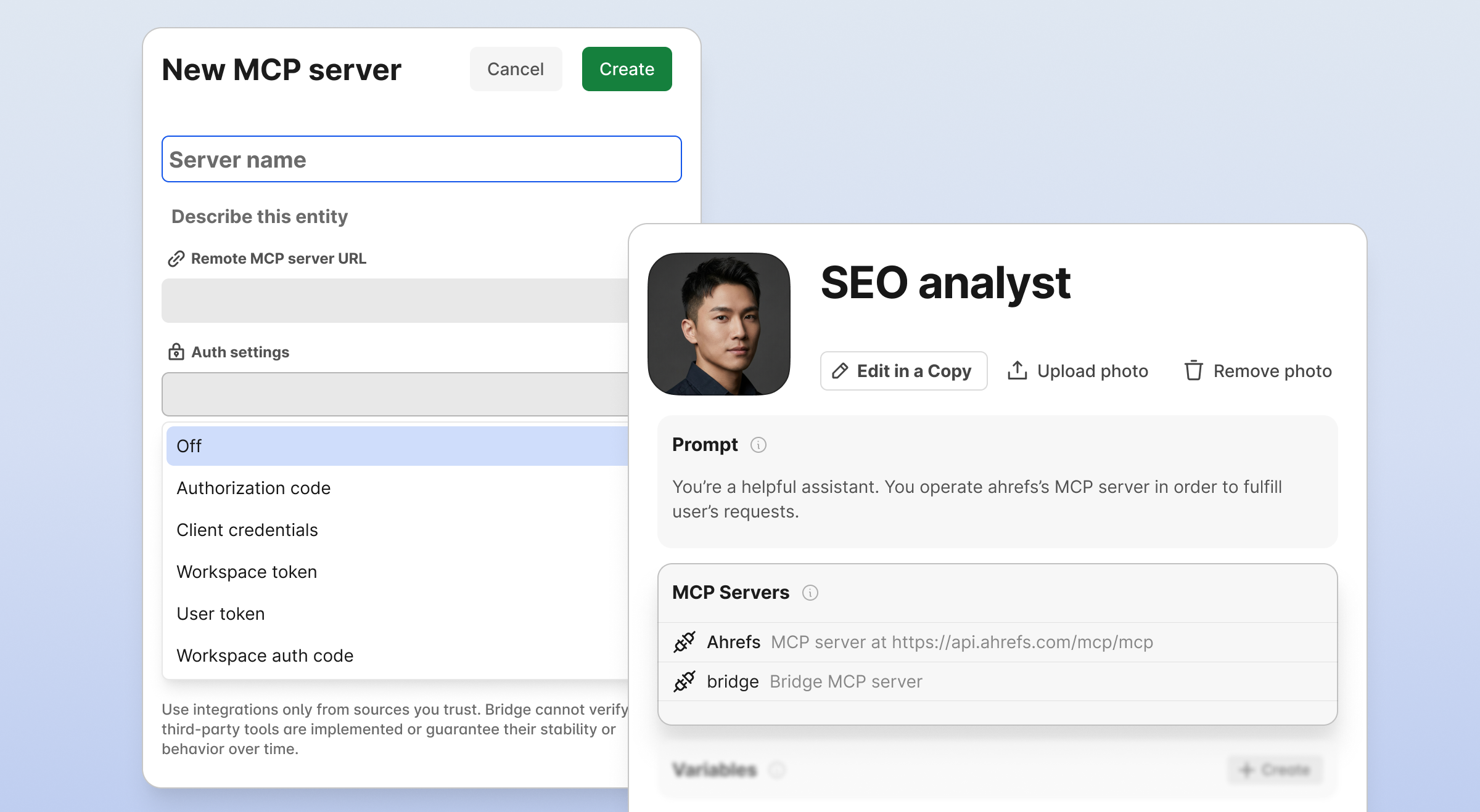 Interface montrant le formulaire de création de nouveau serveur MCP et une carte de profil 