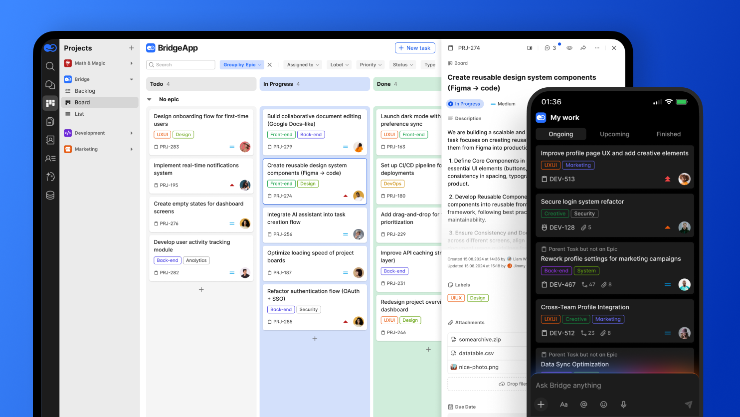 Vues bureau et mobile d'une application de gestion de projet affichant des tableaux de tâches synchronisés.