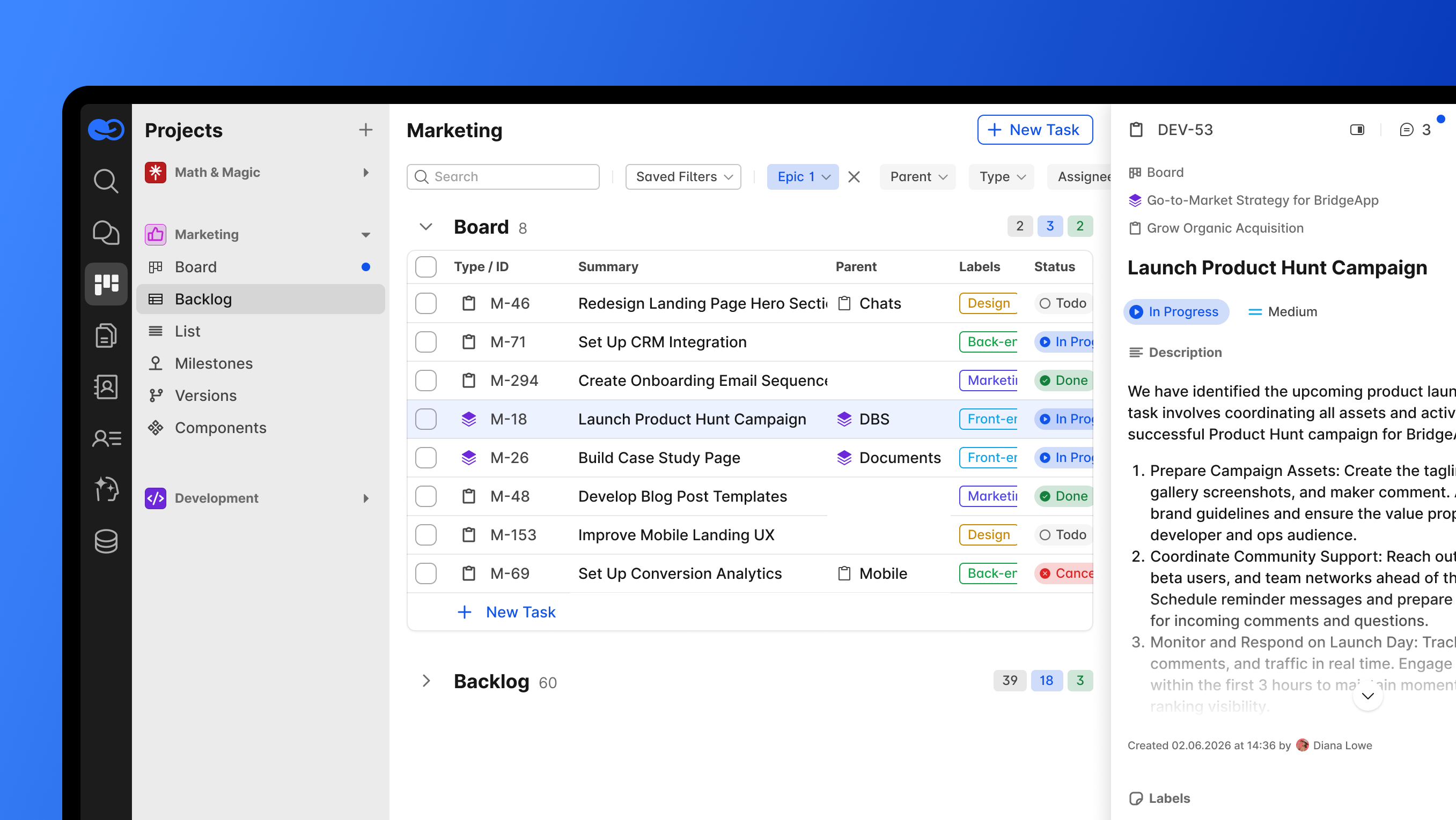 A project management interface displays a list of marketing tasks, including 'Launch Product Hunt Campaign'.