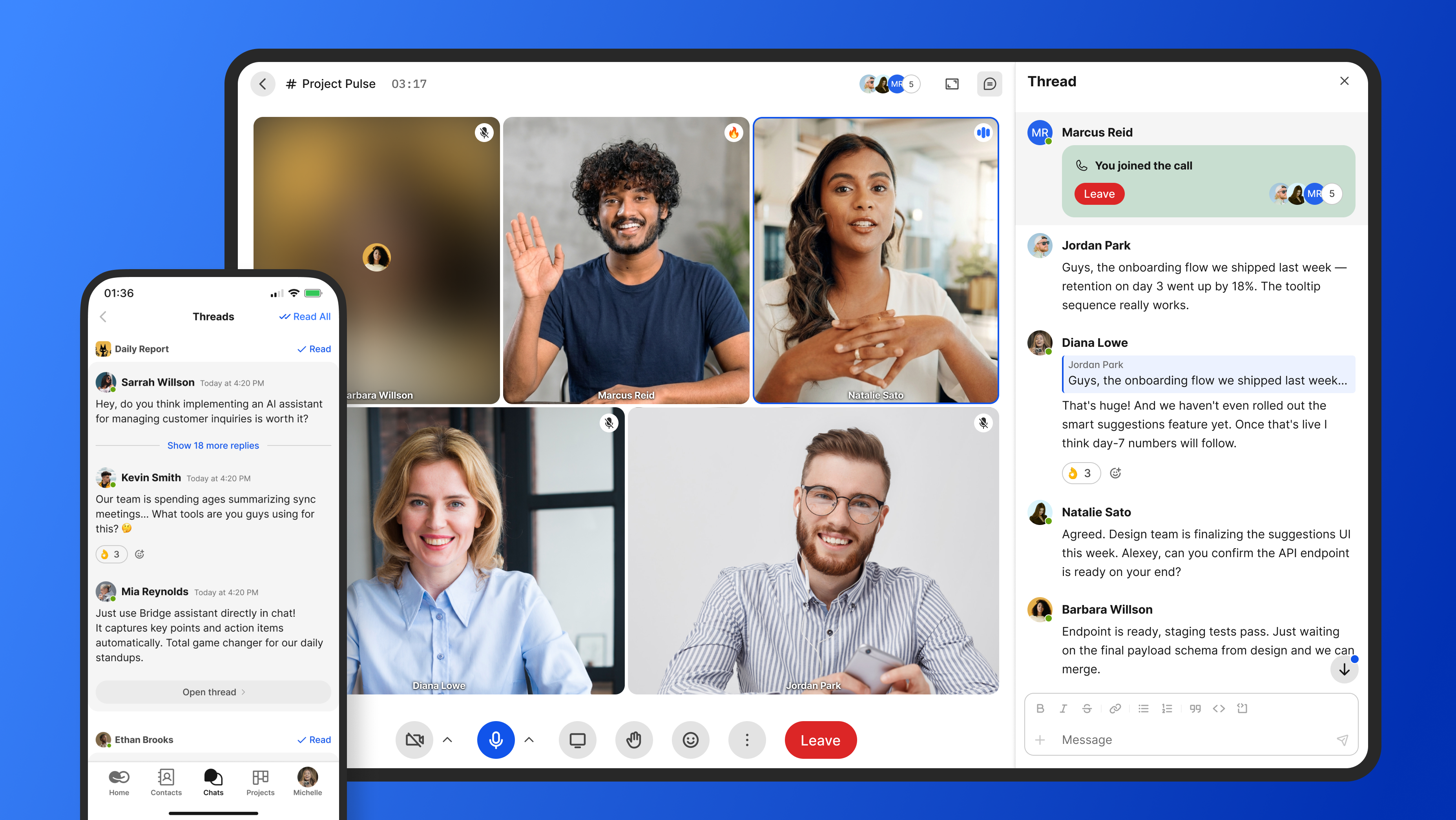 Video conference with four participants and a mobile chat application displayed side by side.