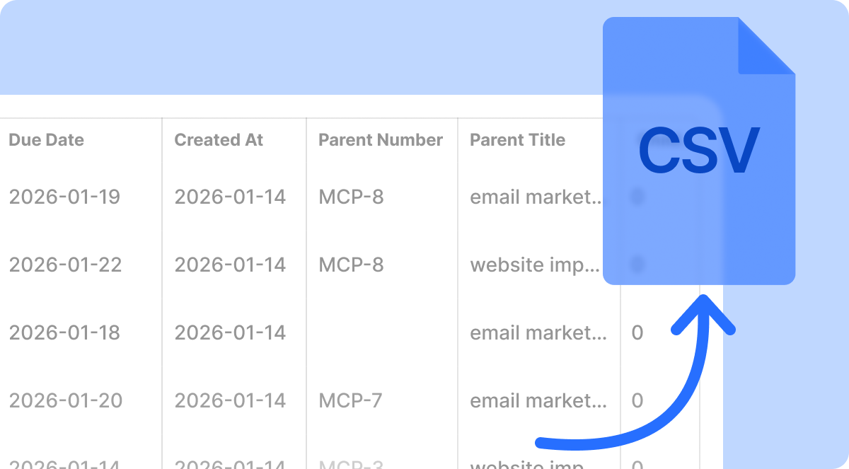 Table displaying project data with a CSV file icon, suggesting data import or export.