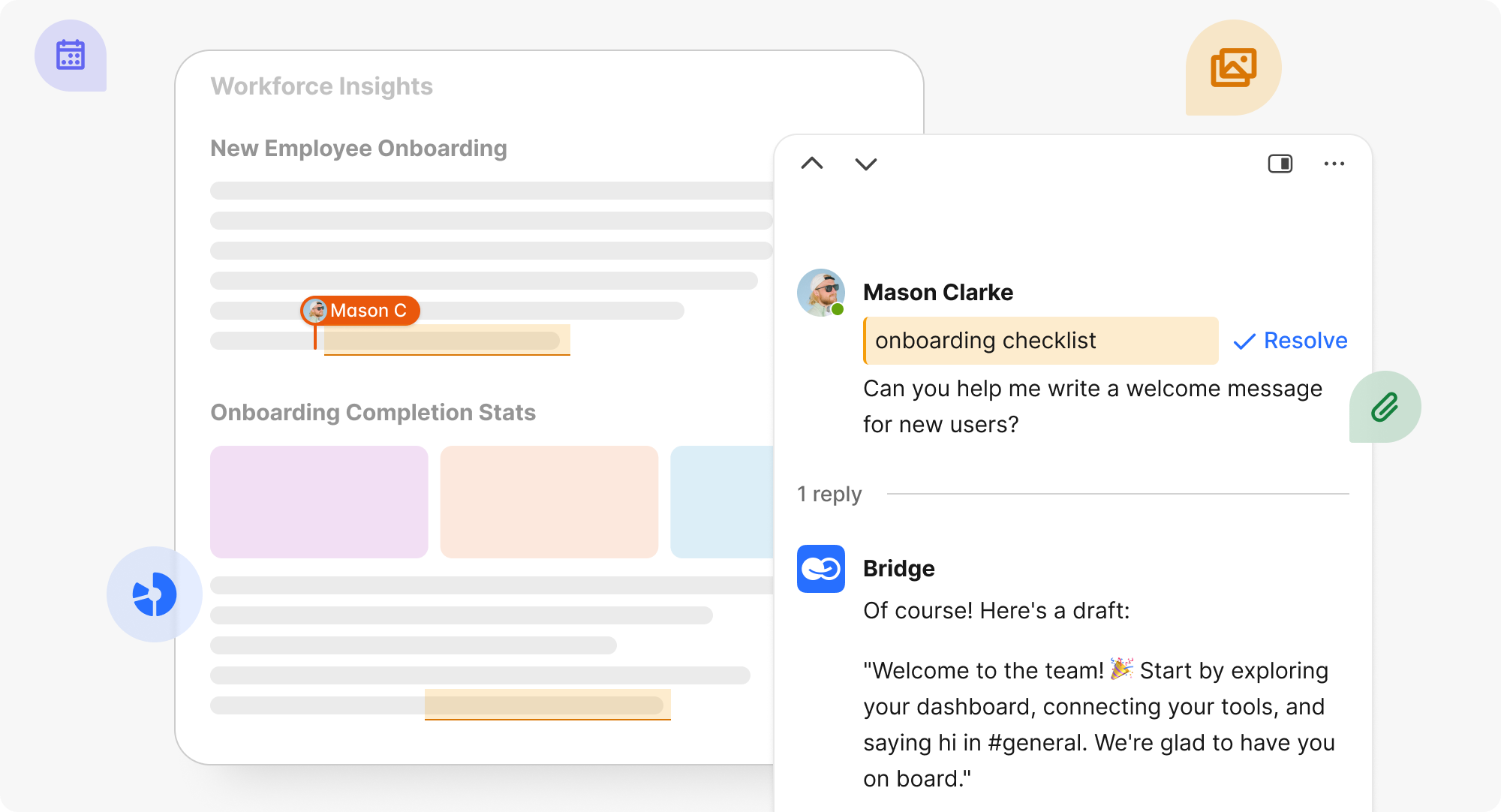 UI showing workforce insights and a chat interface with an AI assistant for onboarding.