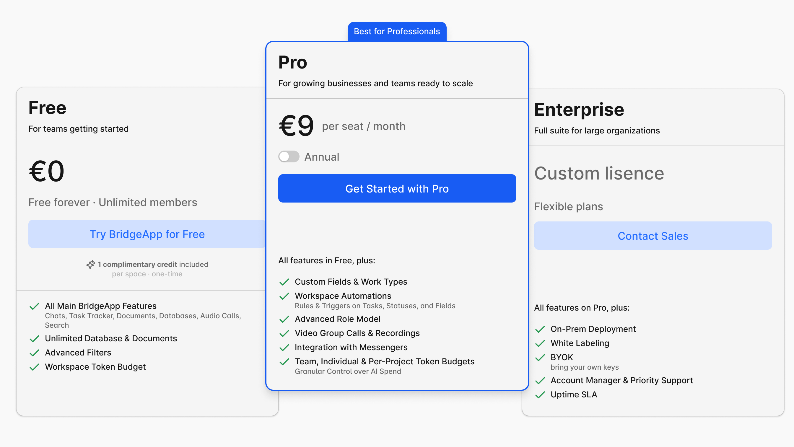 Página de precios de BridgeApp mostrando los planes Gratuito, Pro y Enterprise, con el plan Pro resaltado.