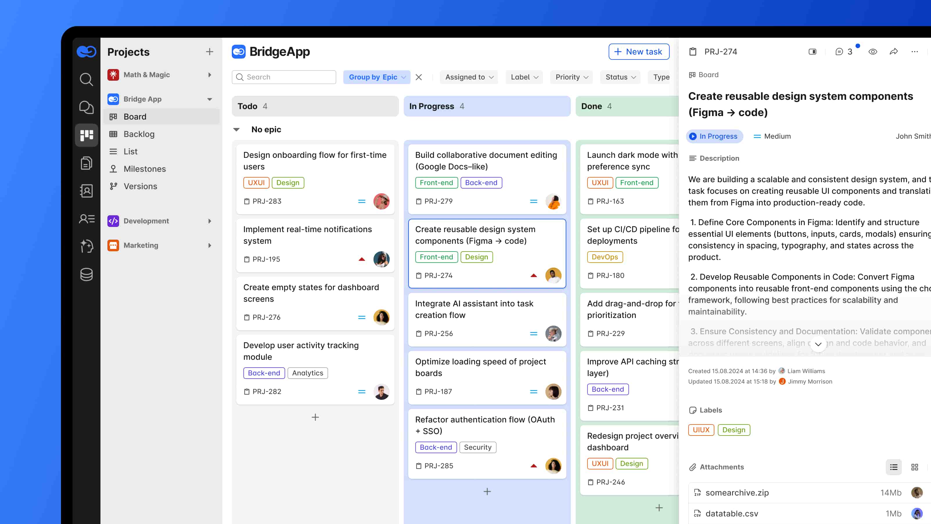 Software interface displaying a project management dashboard with tasks organized in columns.