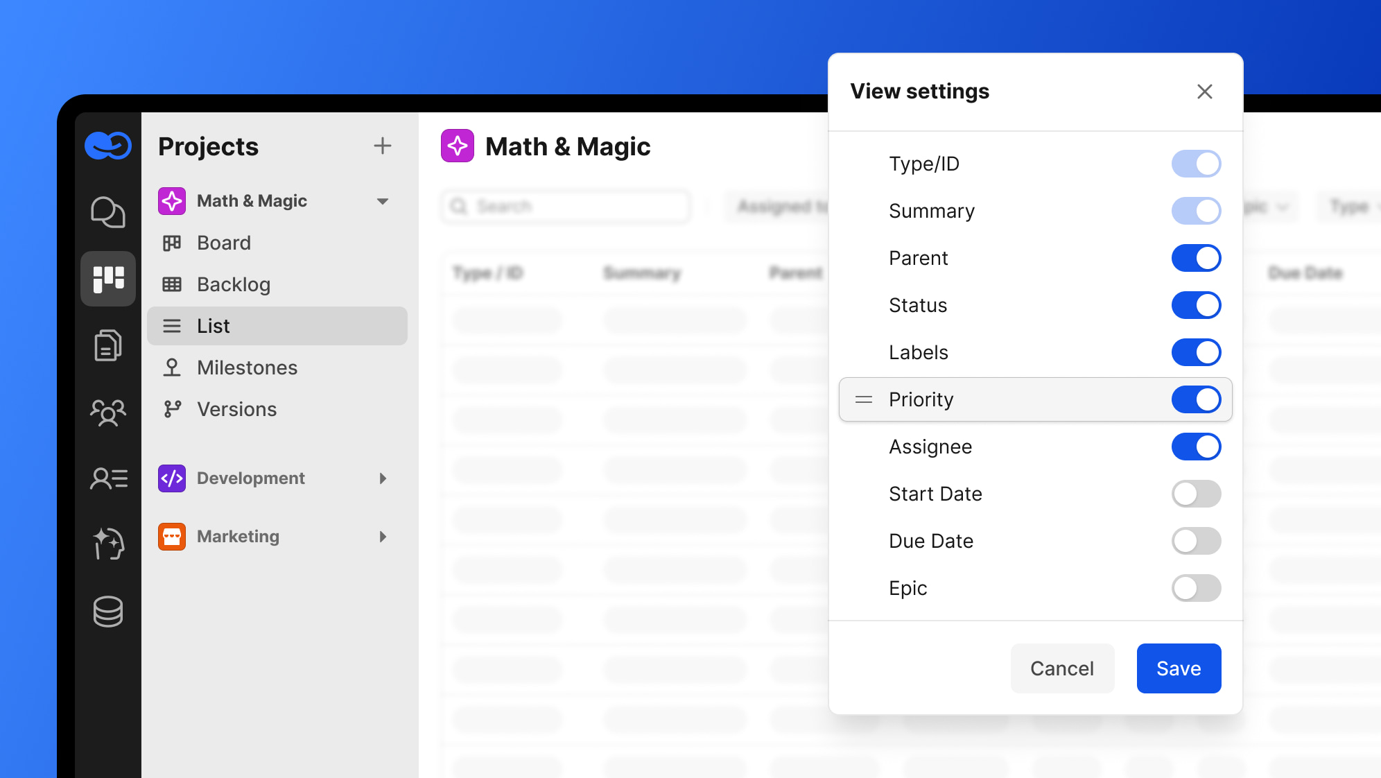 Software settings menu showing options to customize project view fields like priority.