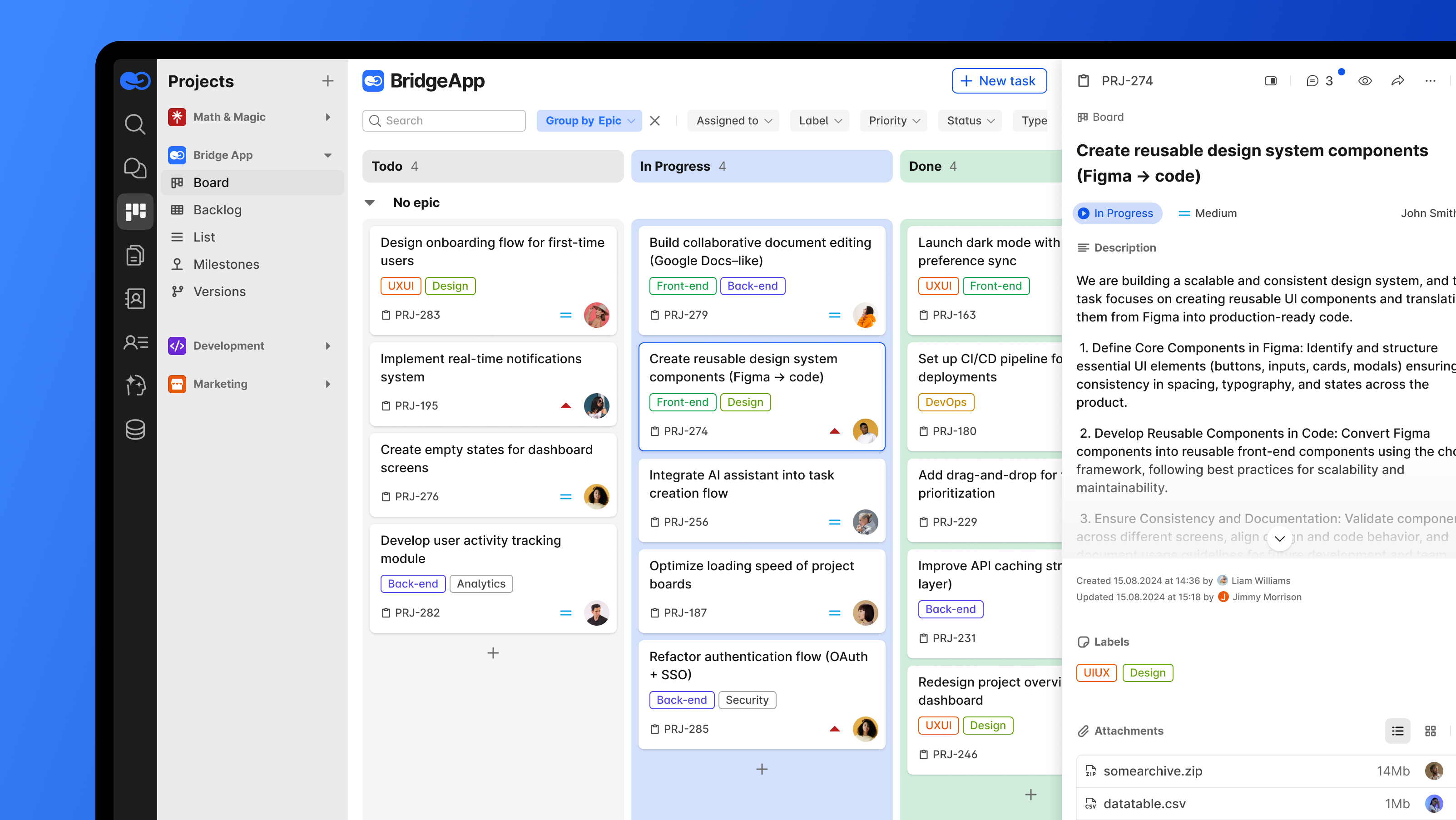 A task management application's Kanban board organizes project tasks into columns like 'To do' and 'In progress'.