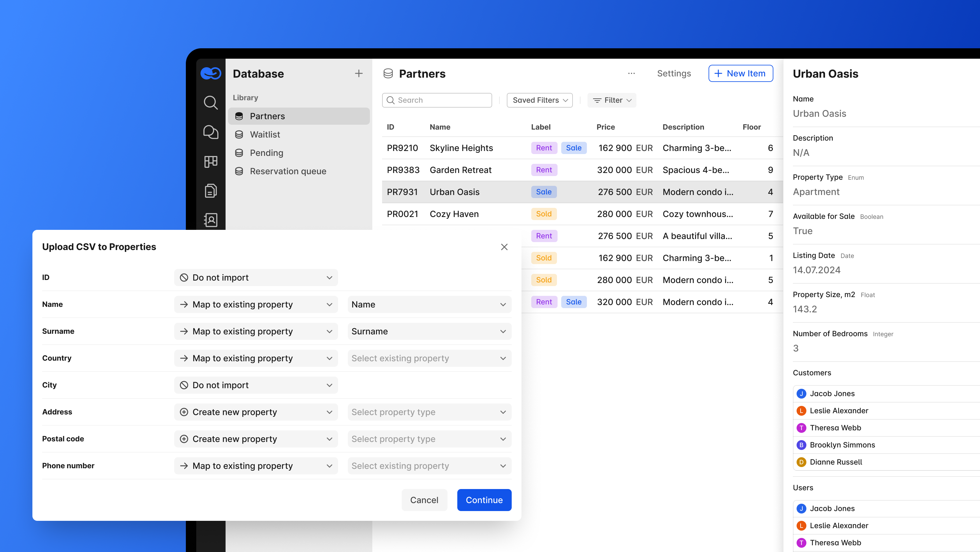 A database interface showing a 'Partners' table with a CSV upload properties mapping dialog.