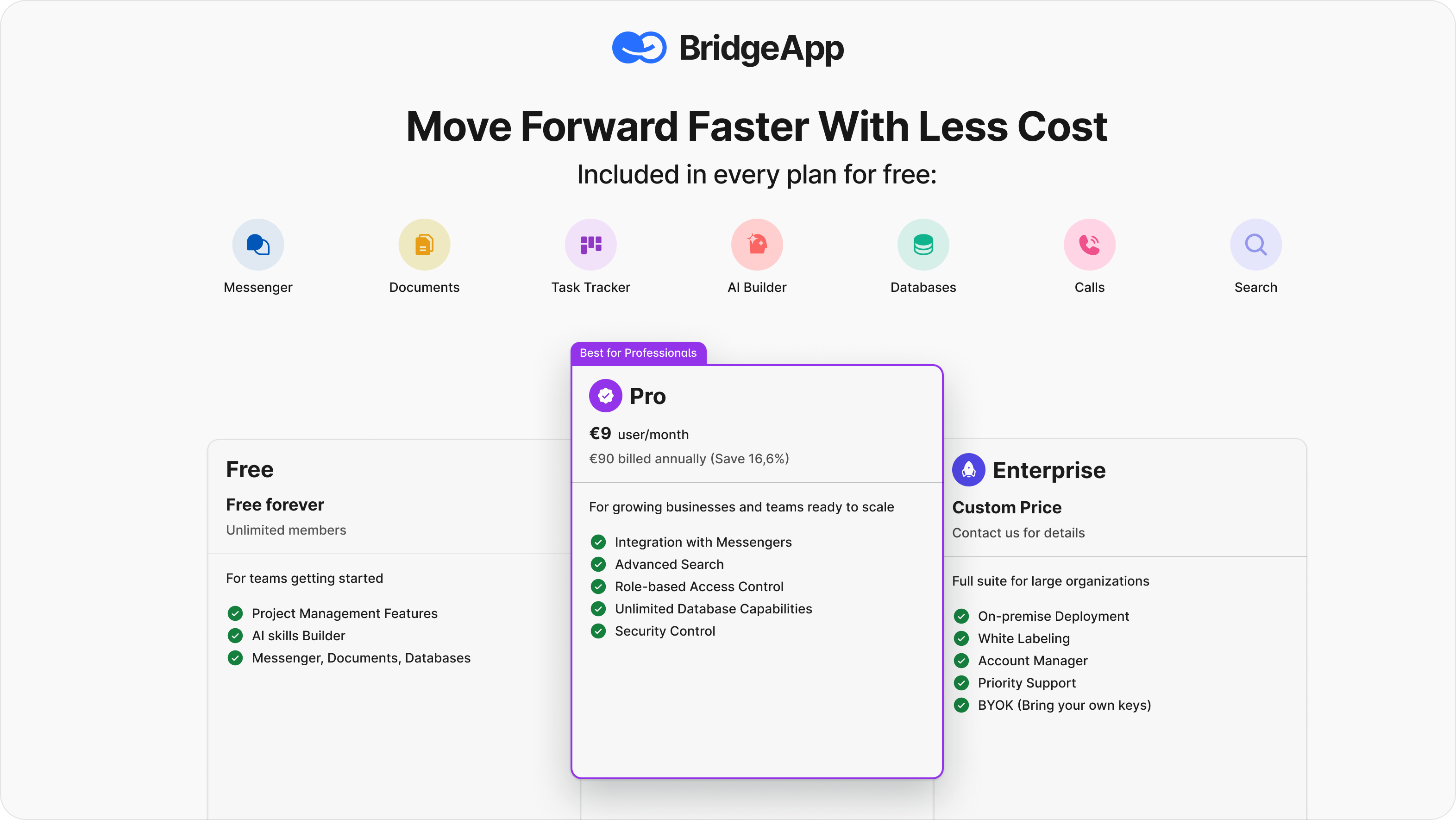 Página de precios de BridgeApp que muestra el plan 'Pro' con una lista de características.