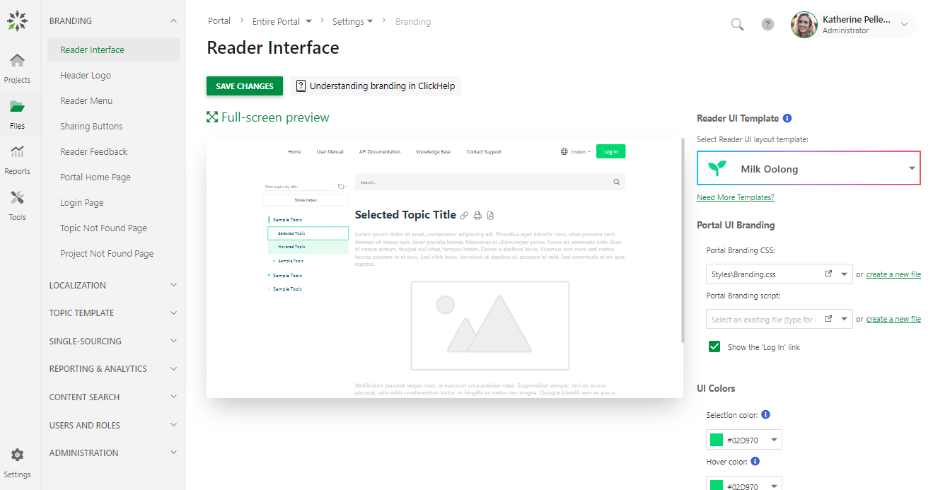 Reader interface settings displaying options for UI templates, branding, and color customization.