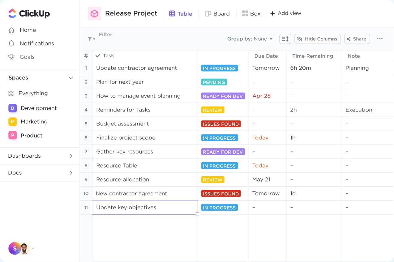 A ClickUp project management screen displaying a list of tasks with due dates and statuses.