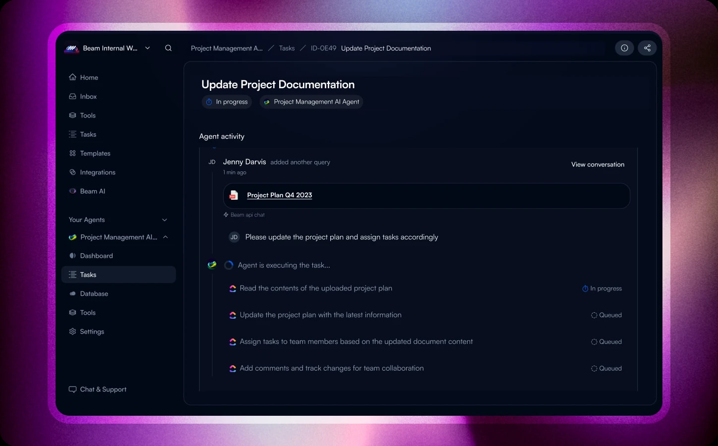 Dark mode project management interface displaying 