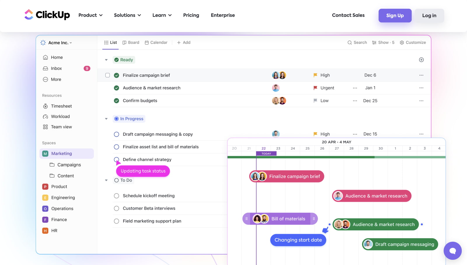 ClickUp software interface displaying a project dashboard with a Gantt chart timeline.
