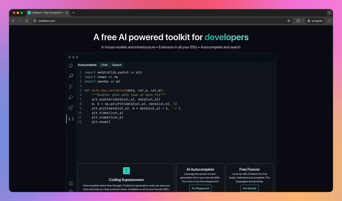 A browser window featuring a website advertising 'A free AI powered toolkit for developers'.