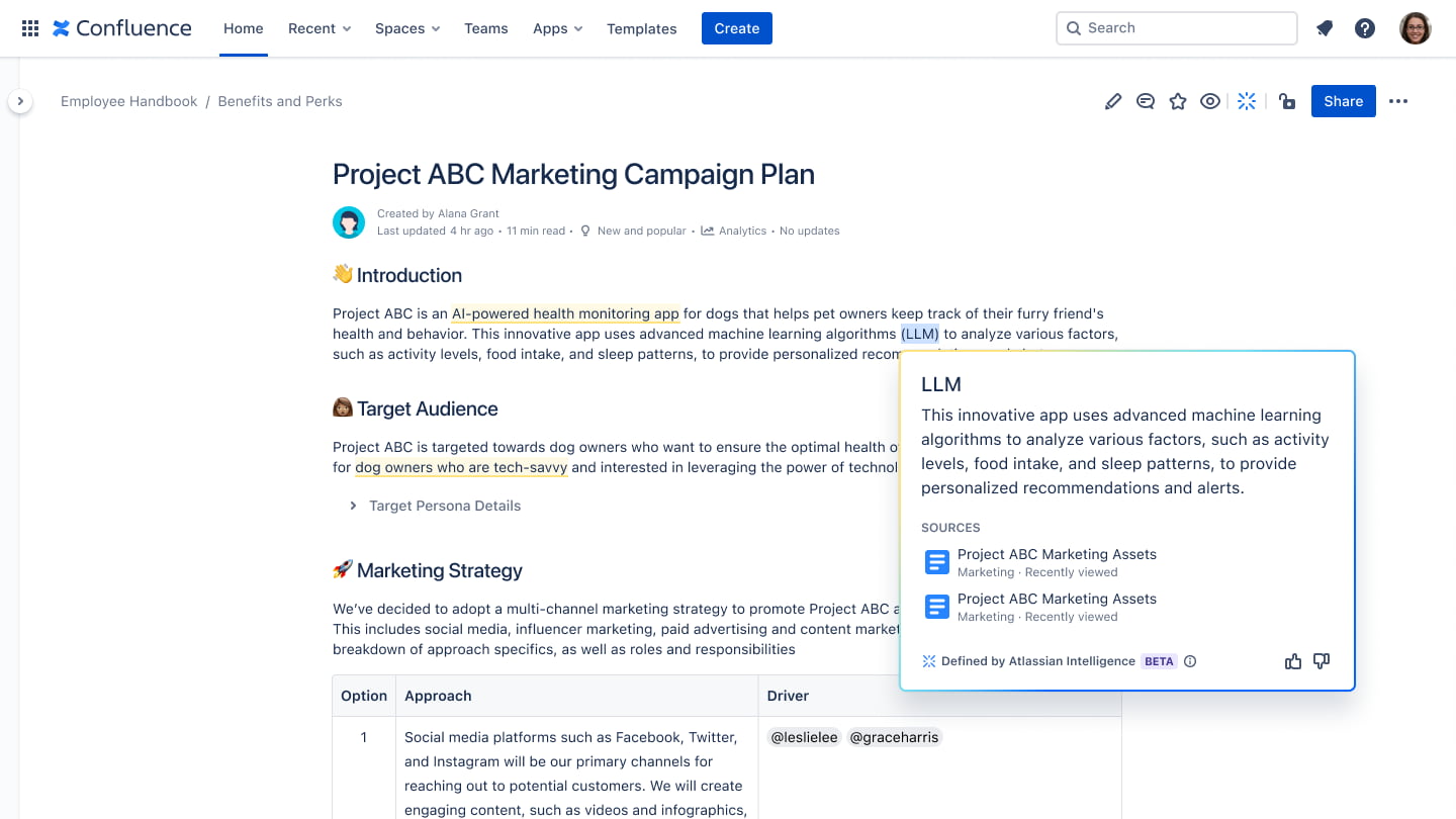 Confluence page: Project ABC Marketing Campaign Plan with LLM AI assistant pop-up.