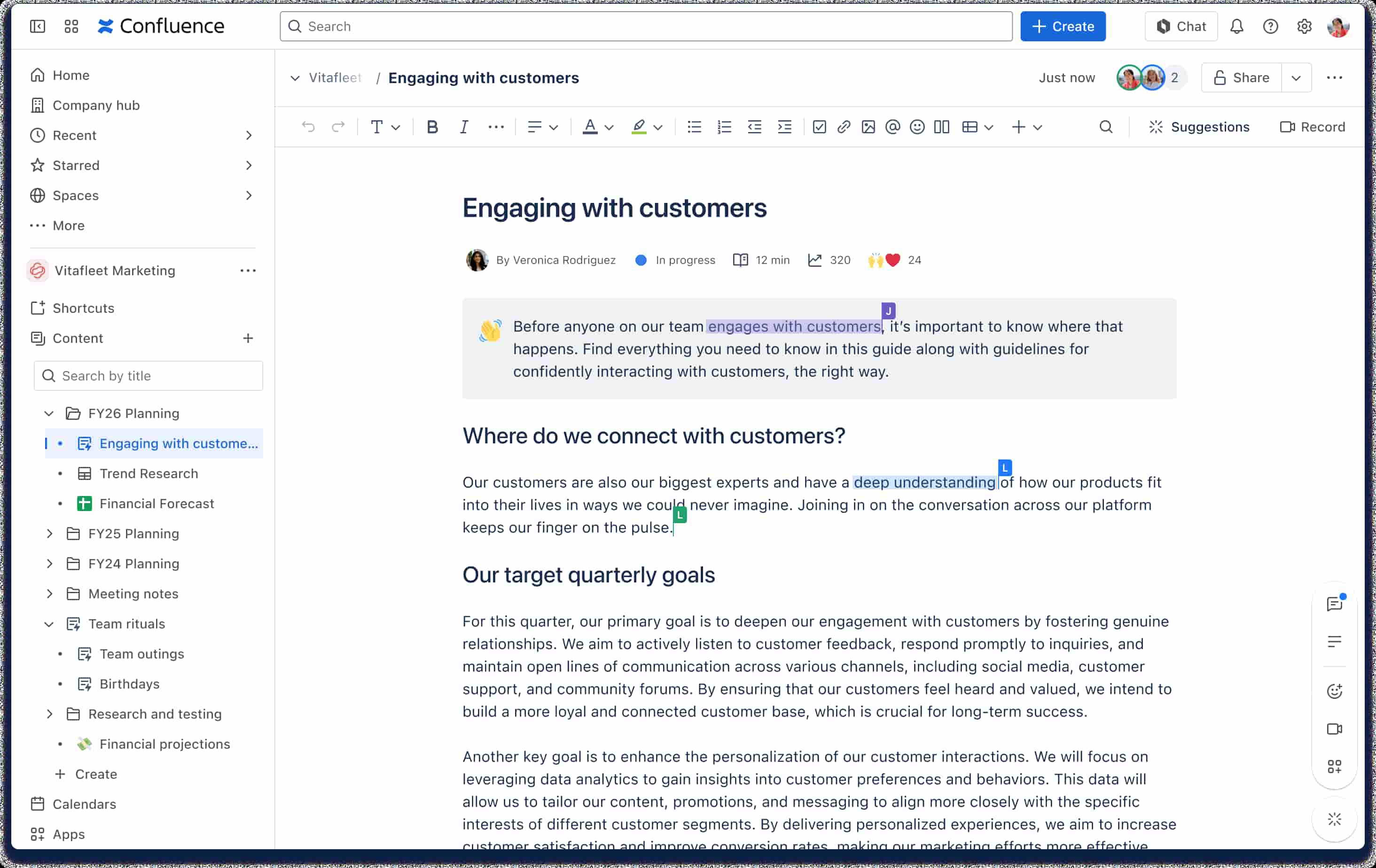 Confluence interface displaying an 'Engaging with customers' article being edited with navigation pane.