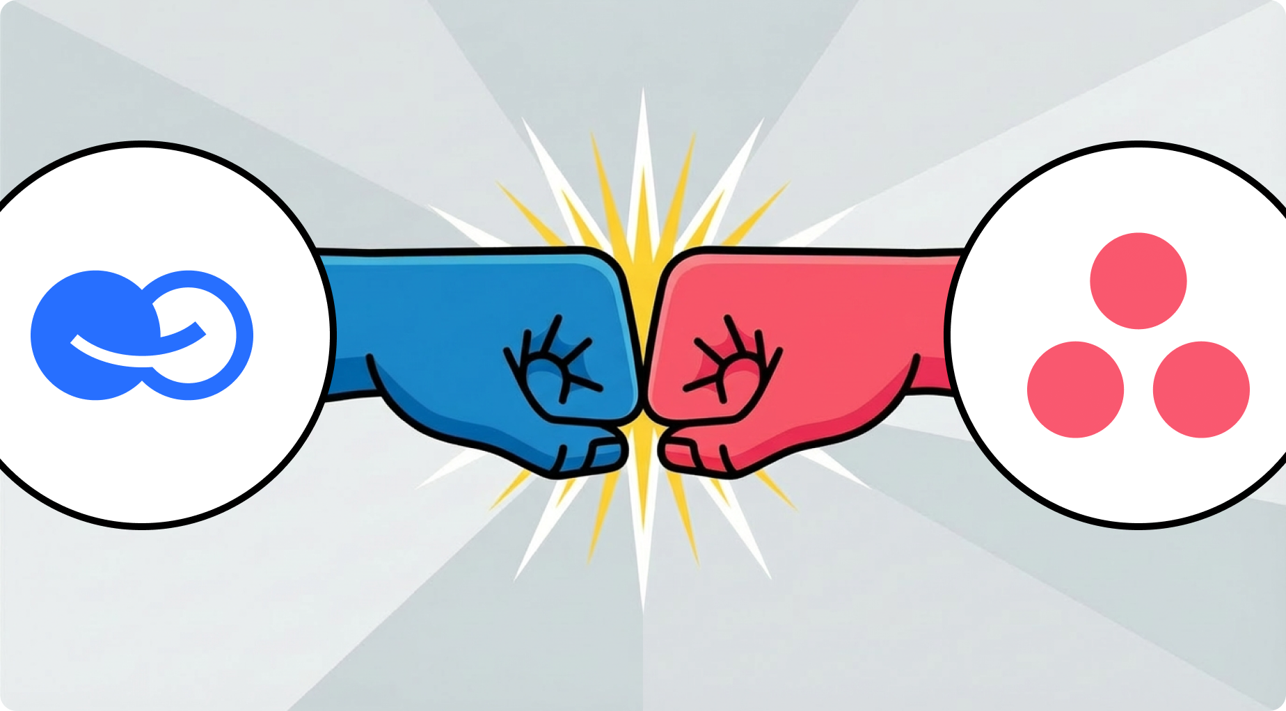 Blue and red fists with ClickUp and Asana logos bumping together in a comparison.