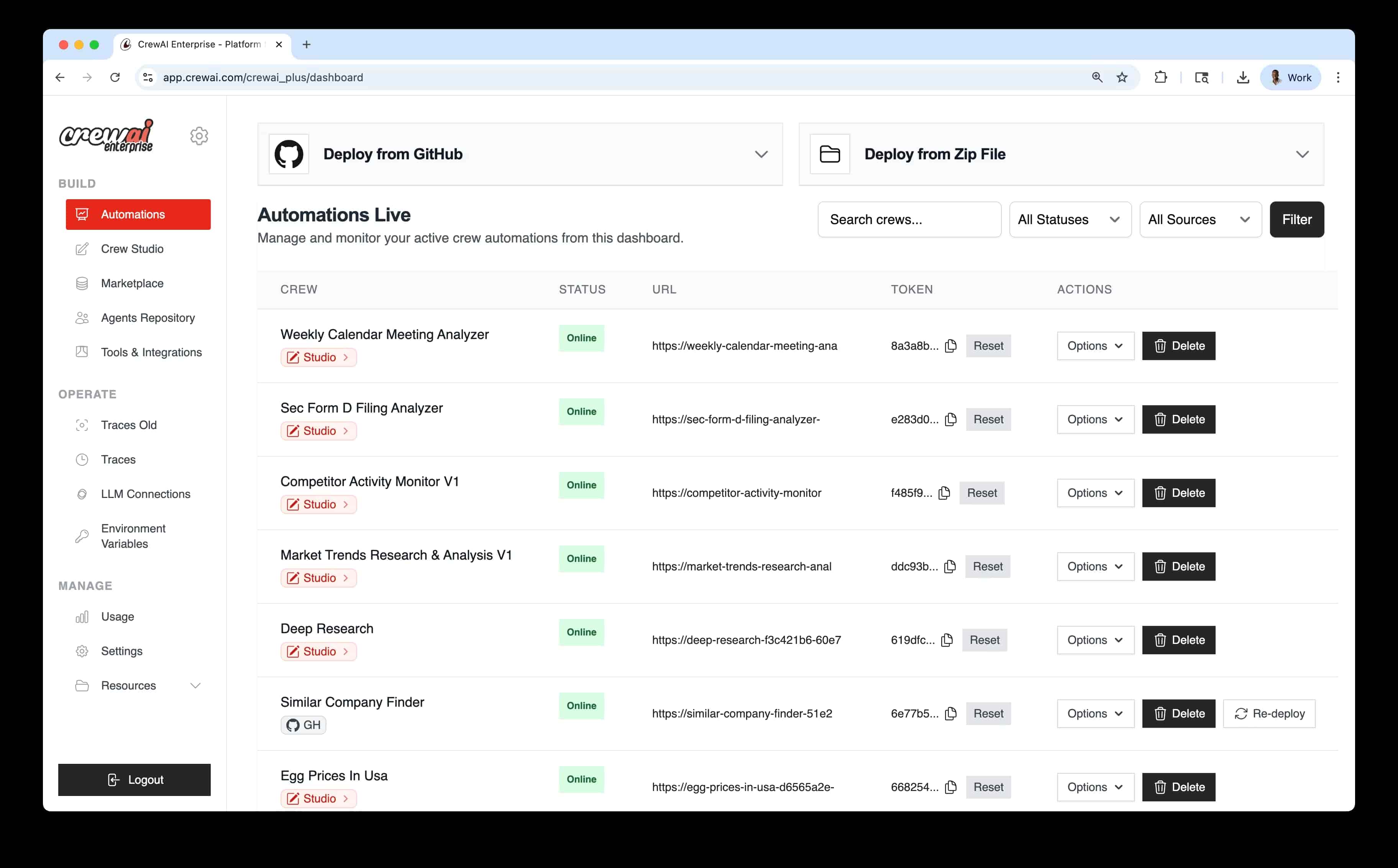 Web application dashboard showing a list of automations with statuses, names, and actions.