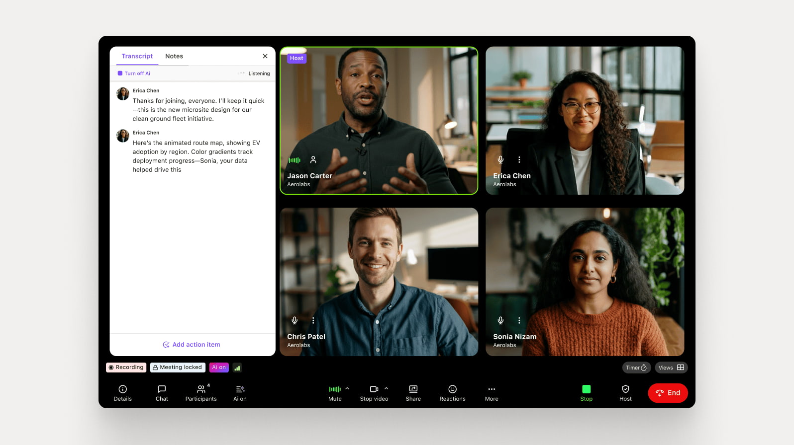 Pantalla de videoconferencia mostrando a cuatro participantes y una conversación de chat lateral.