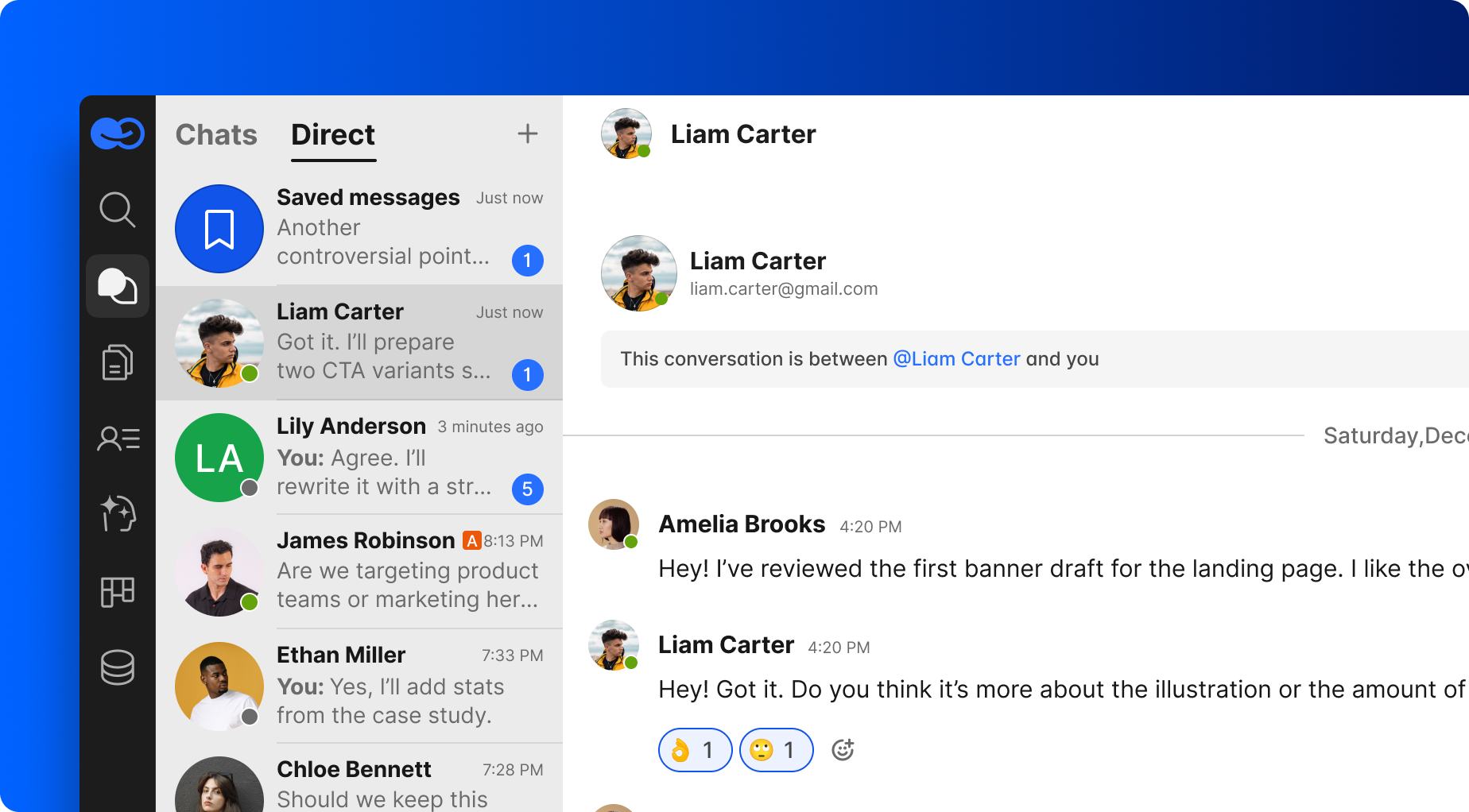 A chat application displaying a list of direct messages with a conversation with 'Liam Carter' open.
