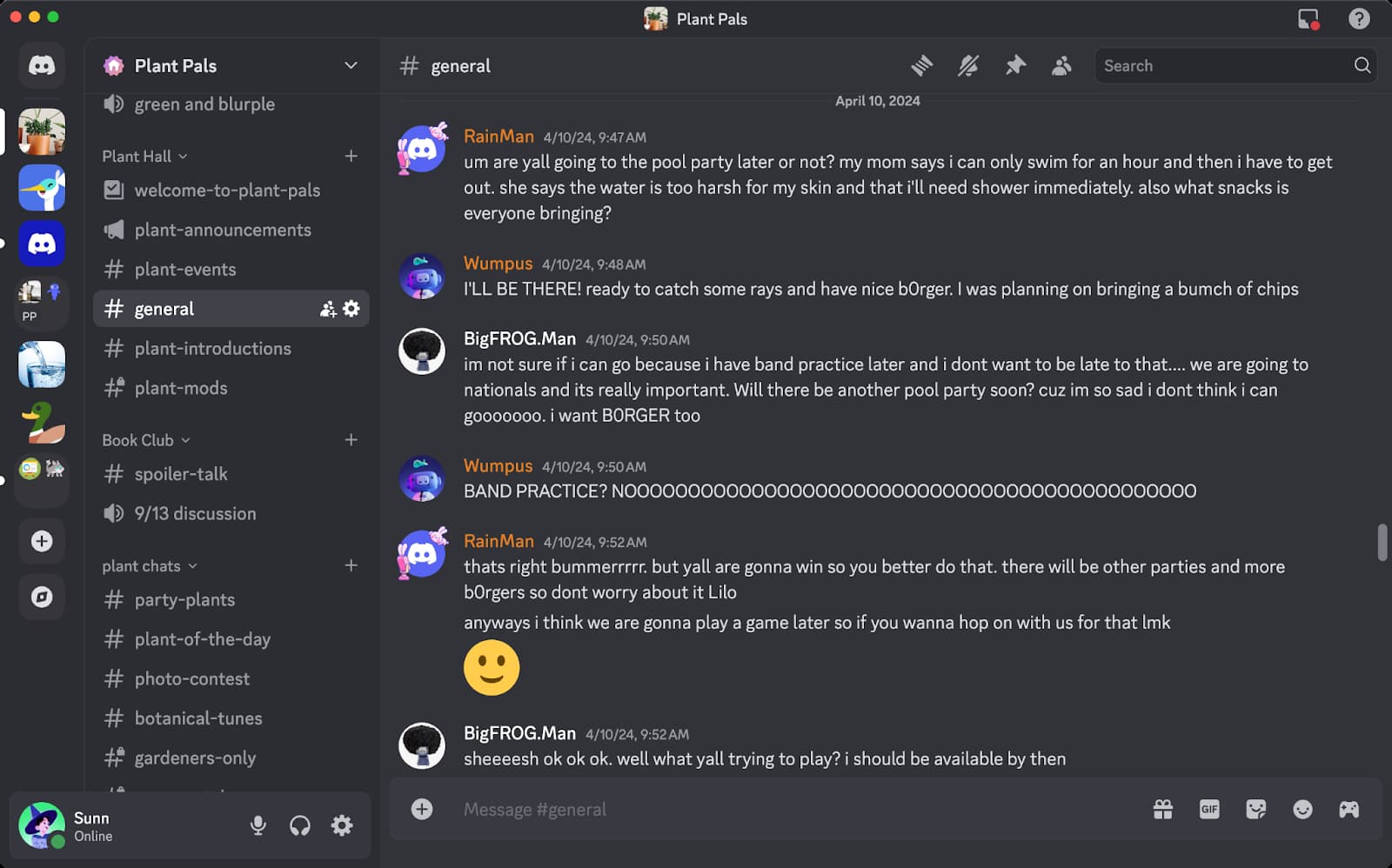Discord server interface in dark mode displaying a general text channel conversation.