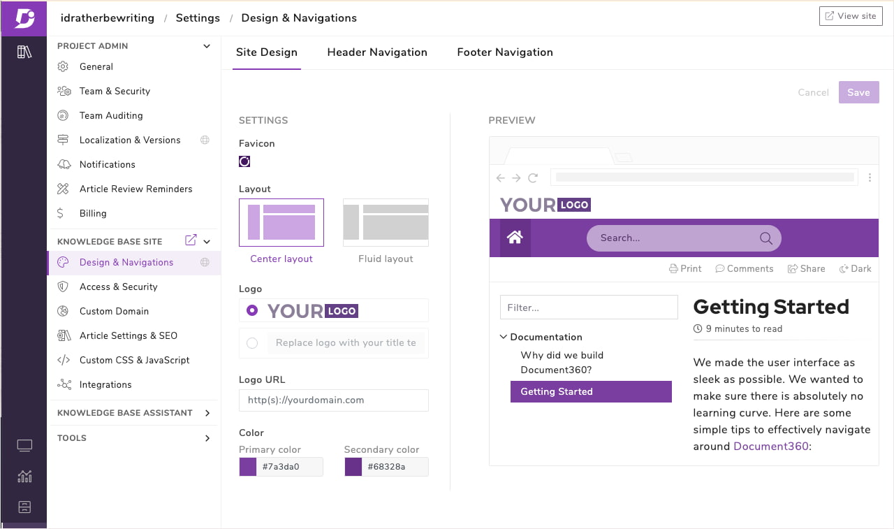 Screenshot of a website's 'Design & Navigation' settings with purple and white UI elements.