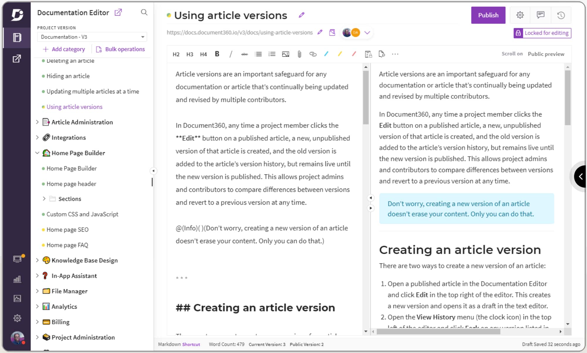 Documentation editor showing an article with highlighted text about using article versions.