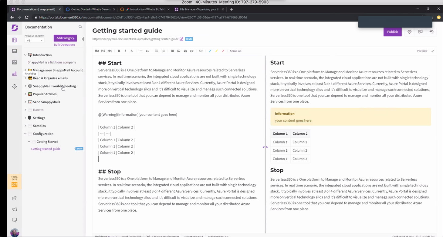 Dark mode interface showing a 'Getting started guide' article being edited with a table of contents.