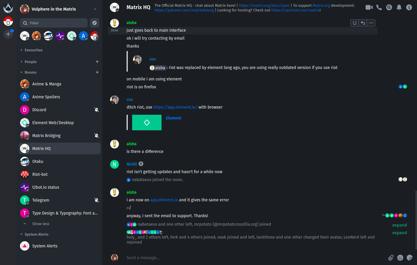 Интерфейс чат-приложения в темном режиме, напоминающий Discord, с различными каналами и текущими беседами.