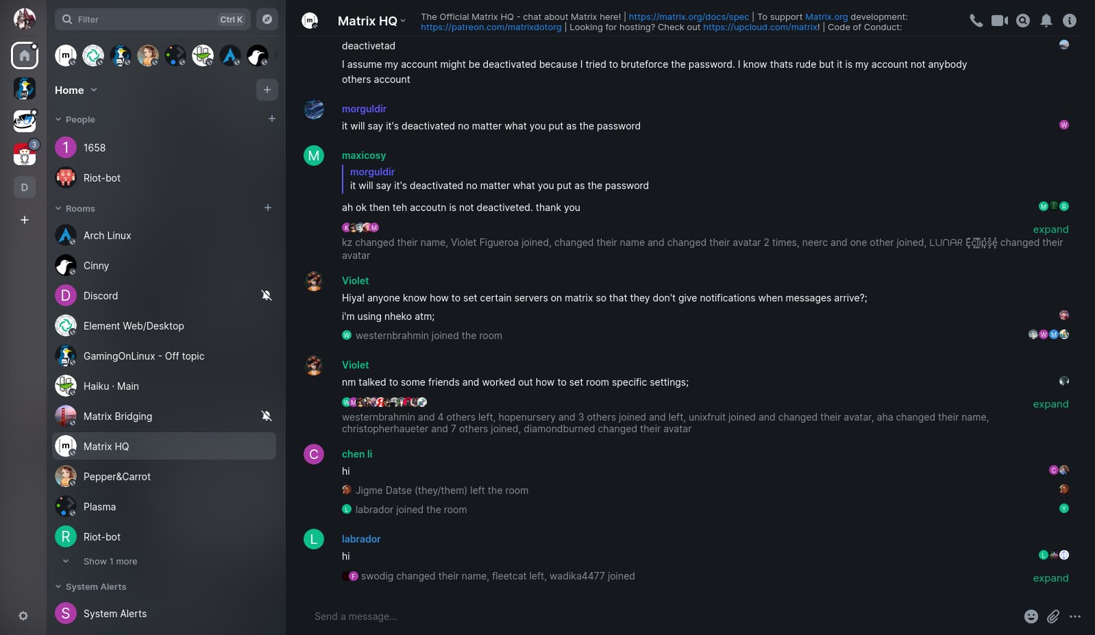 A dark-themed desktop Discord interface with various channels and ongoing chat conversations.