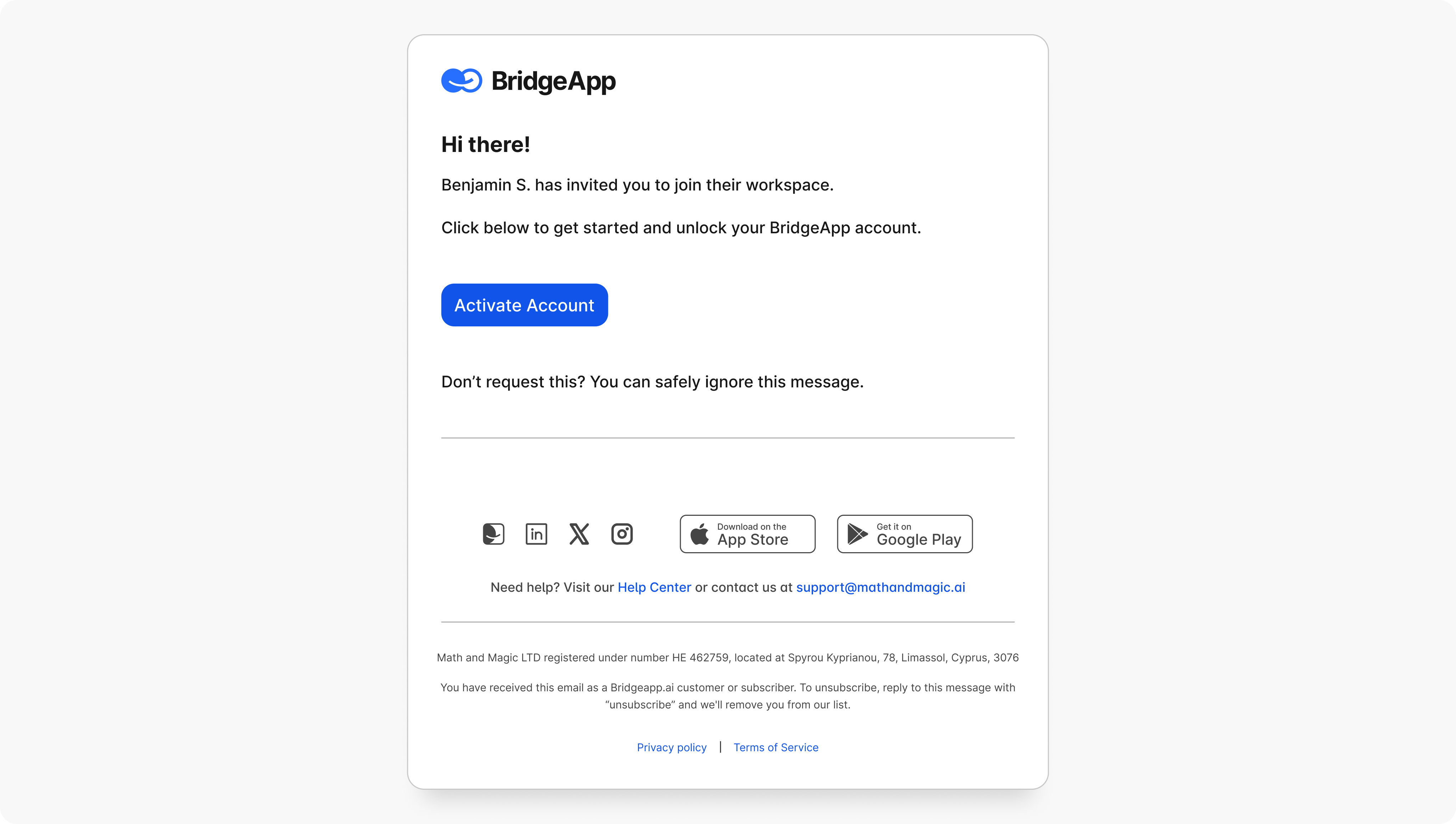 BridgeApp email inviting a user to activate their account and join Benjamin S.'s workspace.