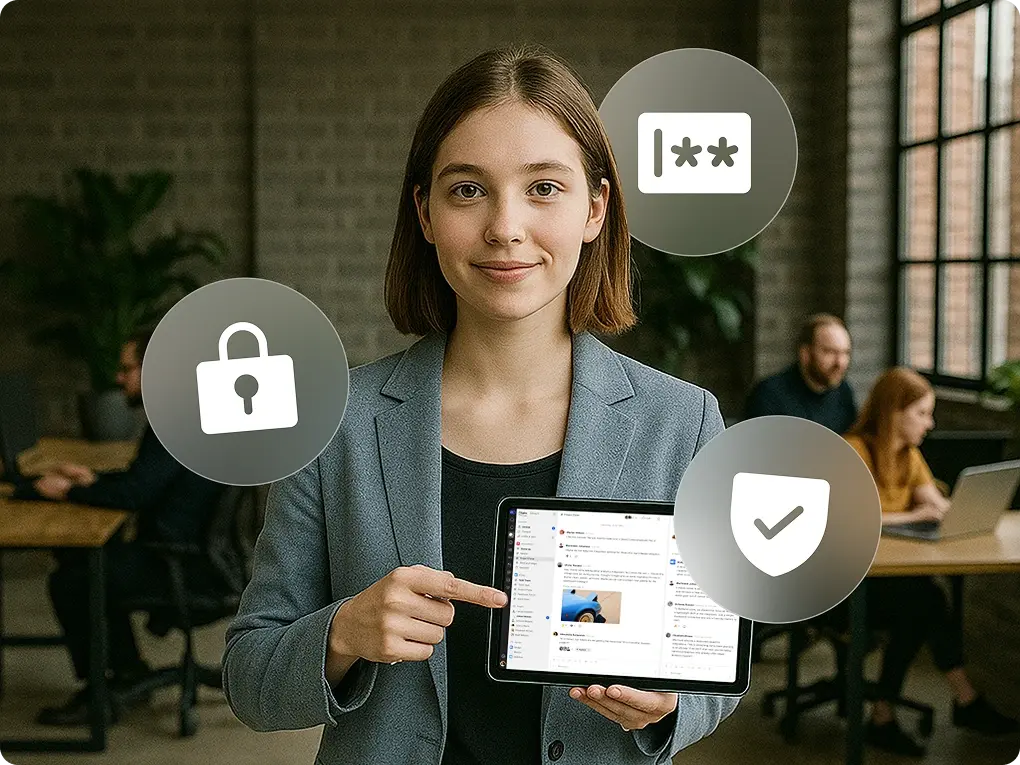 Woman holds a tablet displaying content, surrounded by digital security icons.