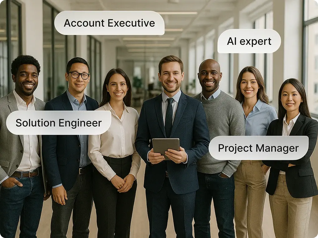 Diverse business team smiling in office, labeled with job titles like Account Executive and AI expert.