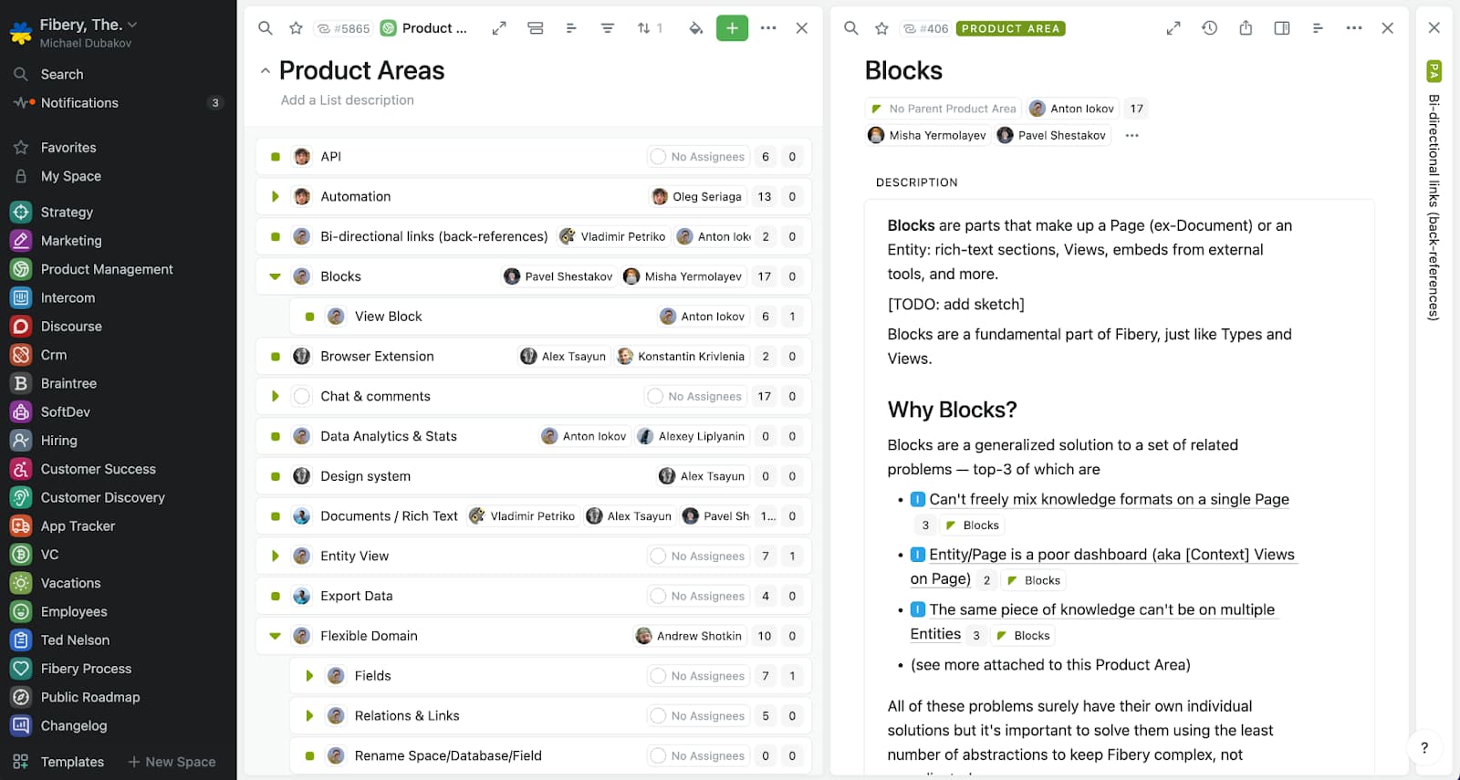 A document management interface with a sidebar for product areas and content about 'Blocks'.