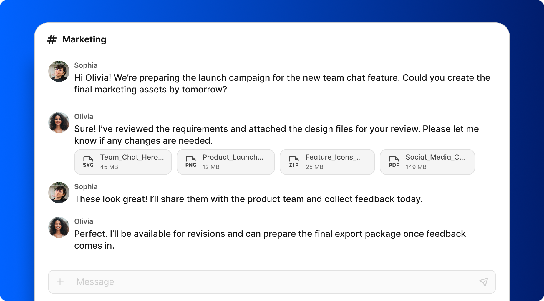 A chat interface showing a conversation about marketing assets with several attached files.