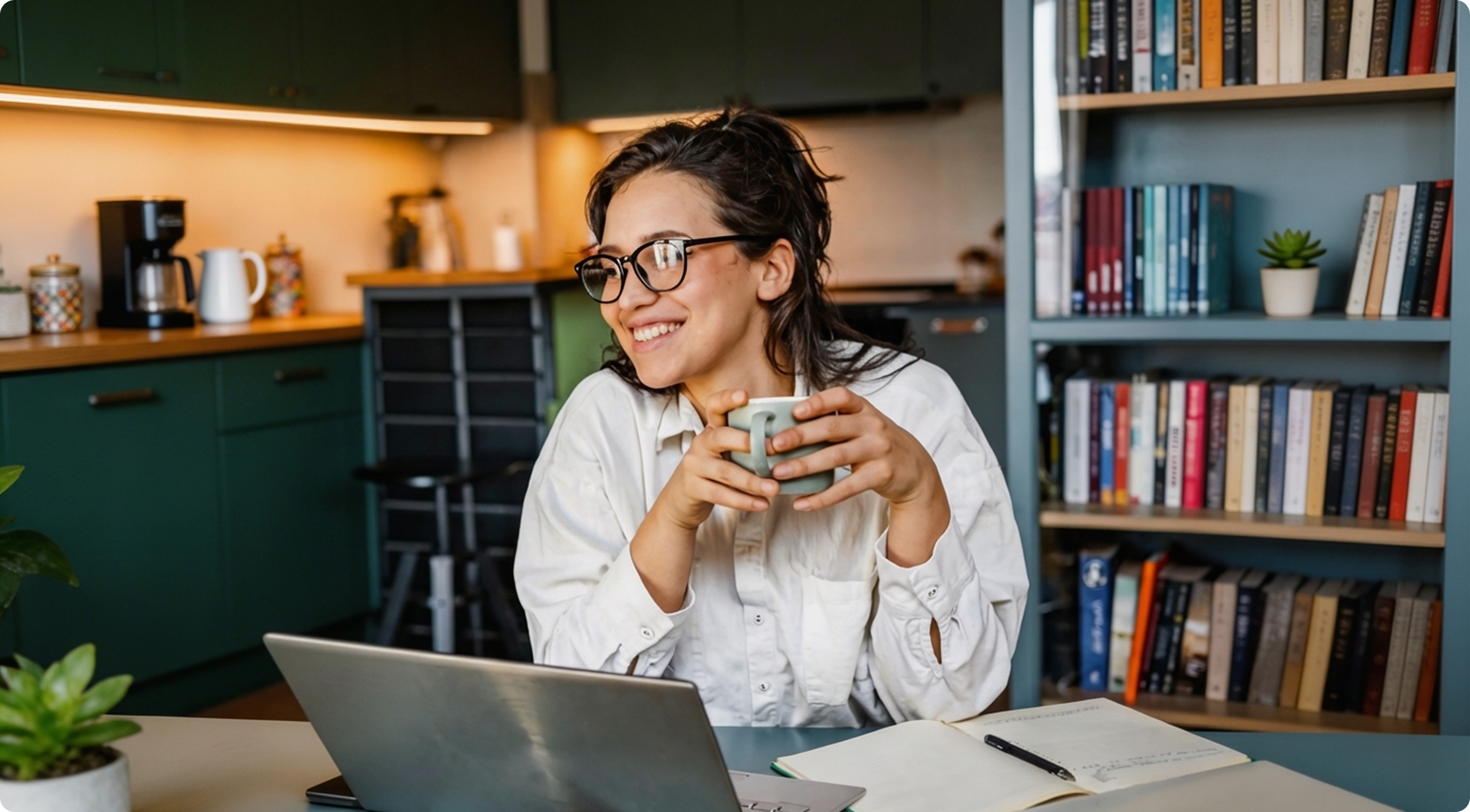 Женщина в очках пьет кофе, улыбаясь, работая на ноутбуке в своем домашнем офисе.