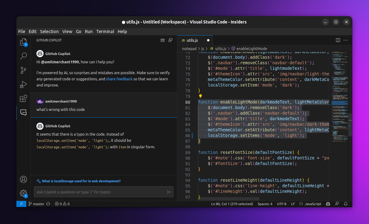 Visual Studio Code showing an AI chat interface on the left and code on the right.