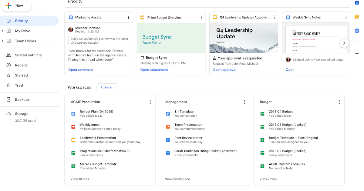 Interface Google Drive montrant des fichiers, des dossiers et des documents organisés en espaces de travail.