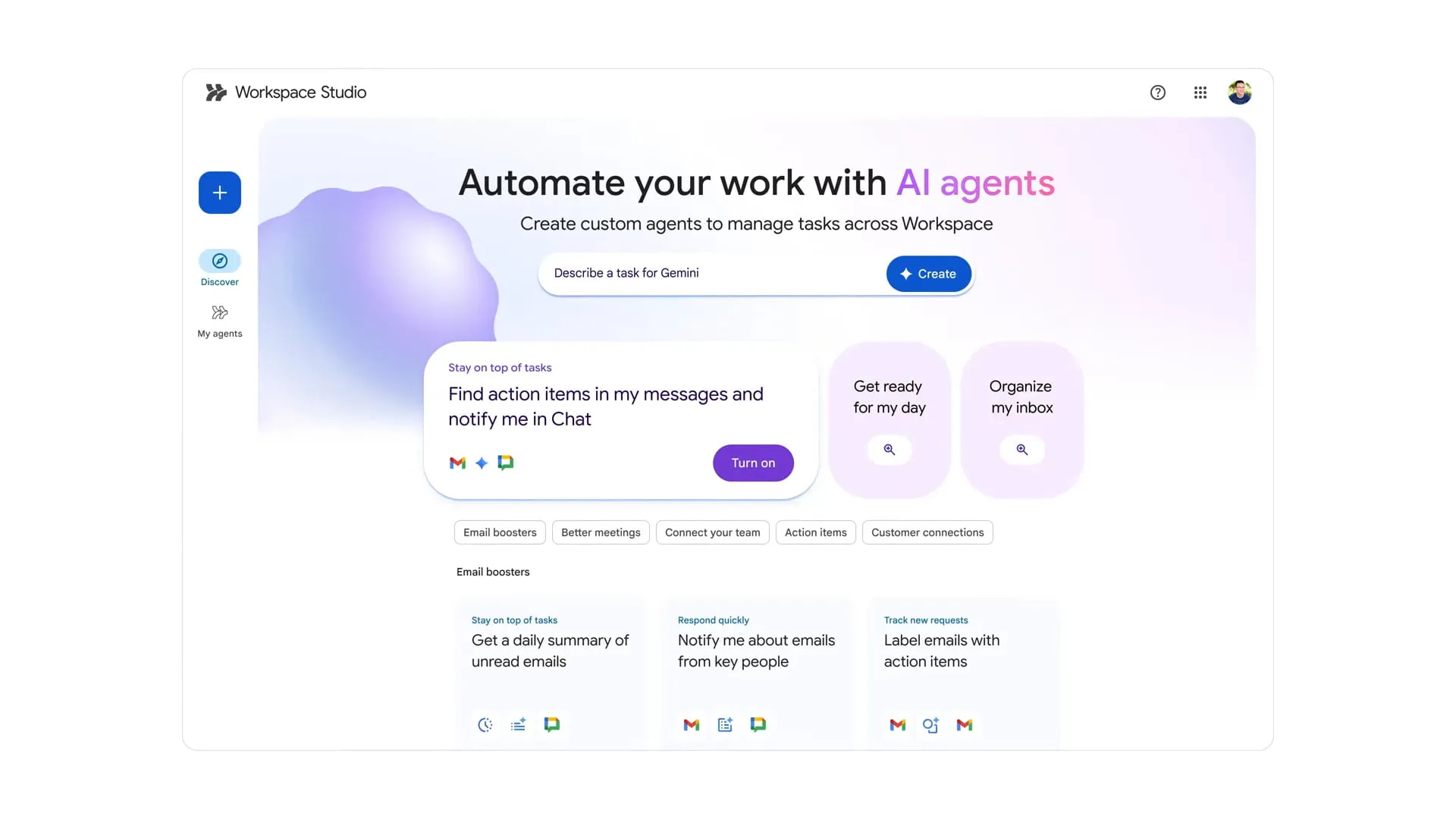 Google Workspace interface showing AI agents for automating tasks and managing workflows.