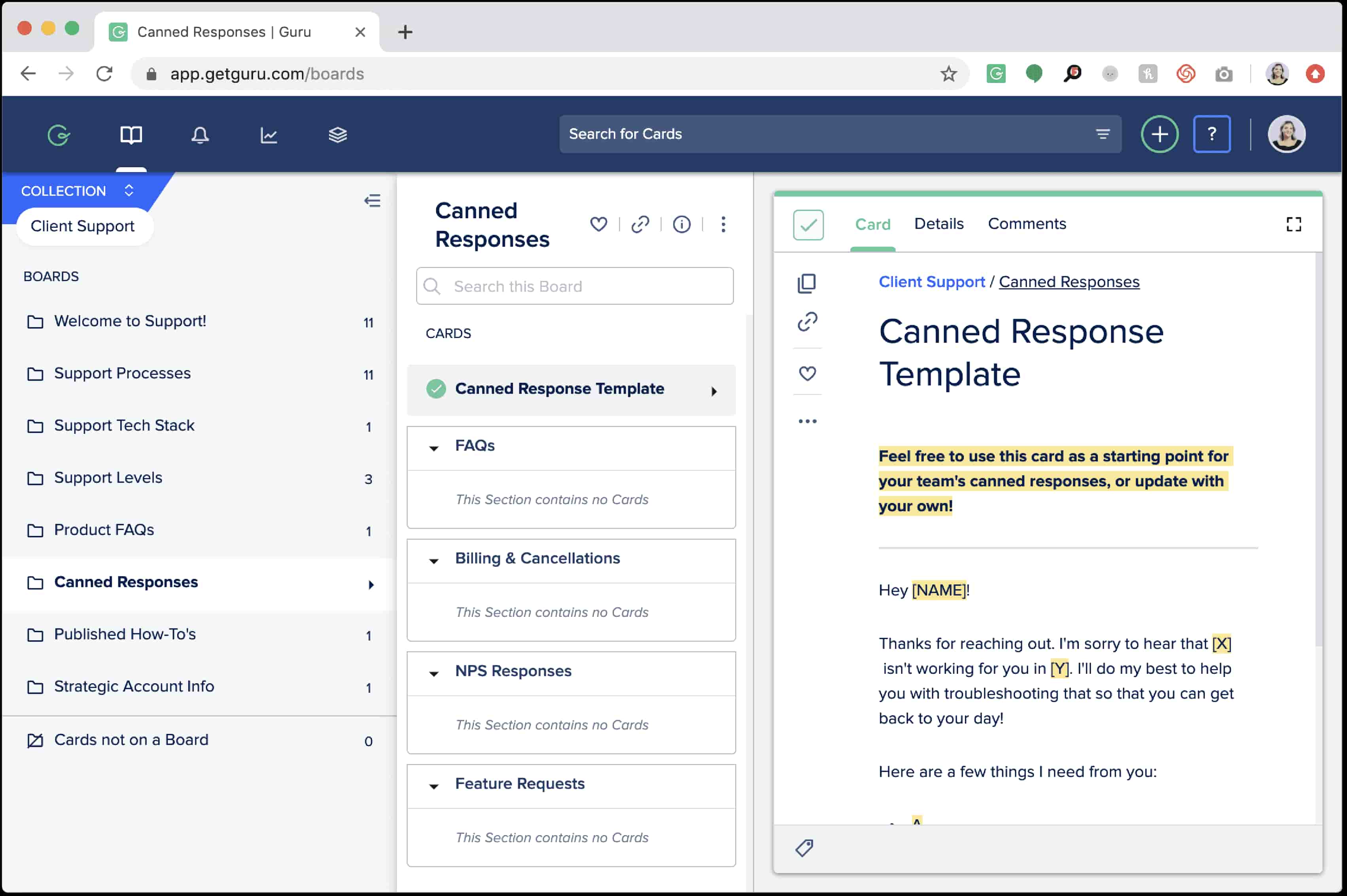 Screenshot of a web application showing 'Canned Responses' template with editable text fields.