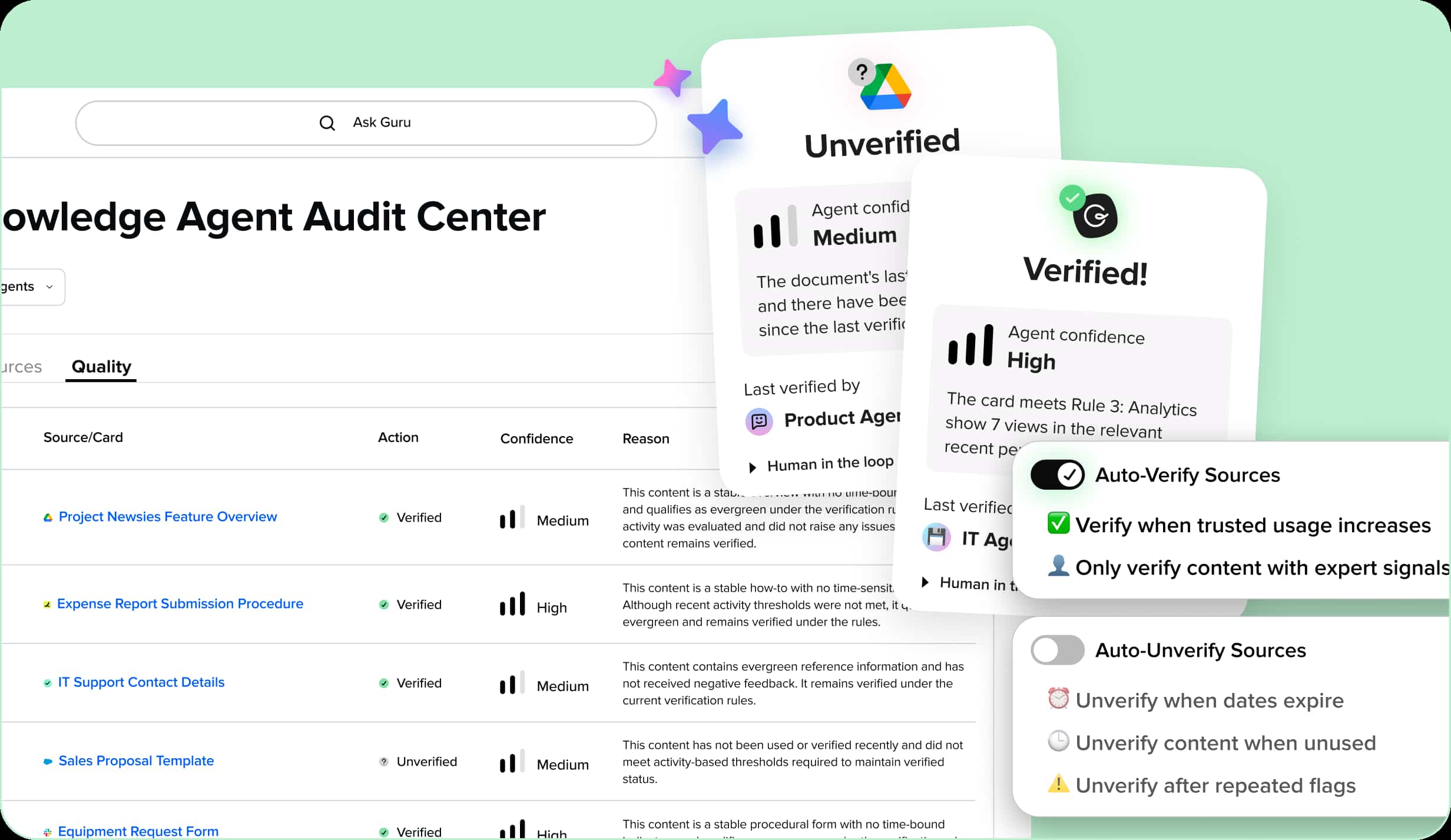 Knowledge Agent Audit Center with pop-up cards showing content verification status and settings.